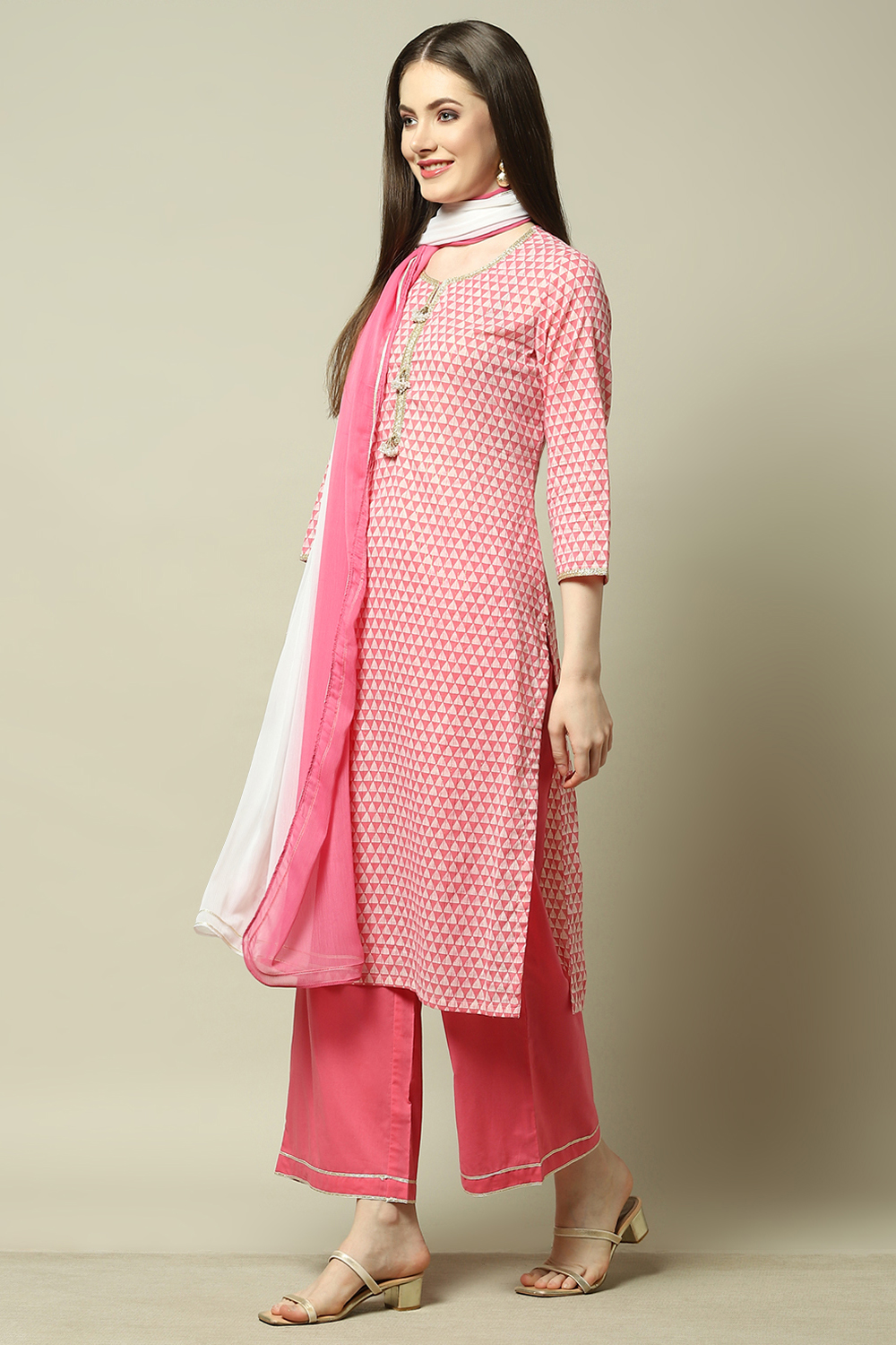 Pink Cotton Blend Printed Kurta & Palazzo Suit Set image number 4