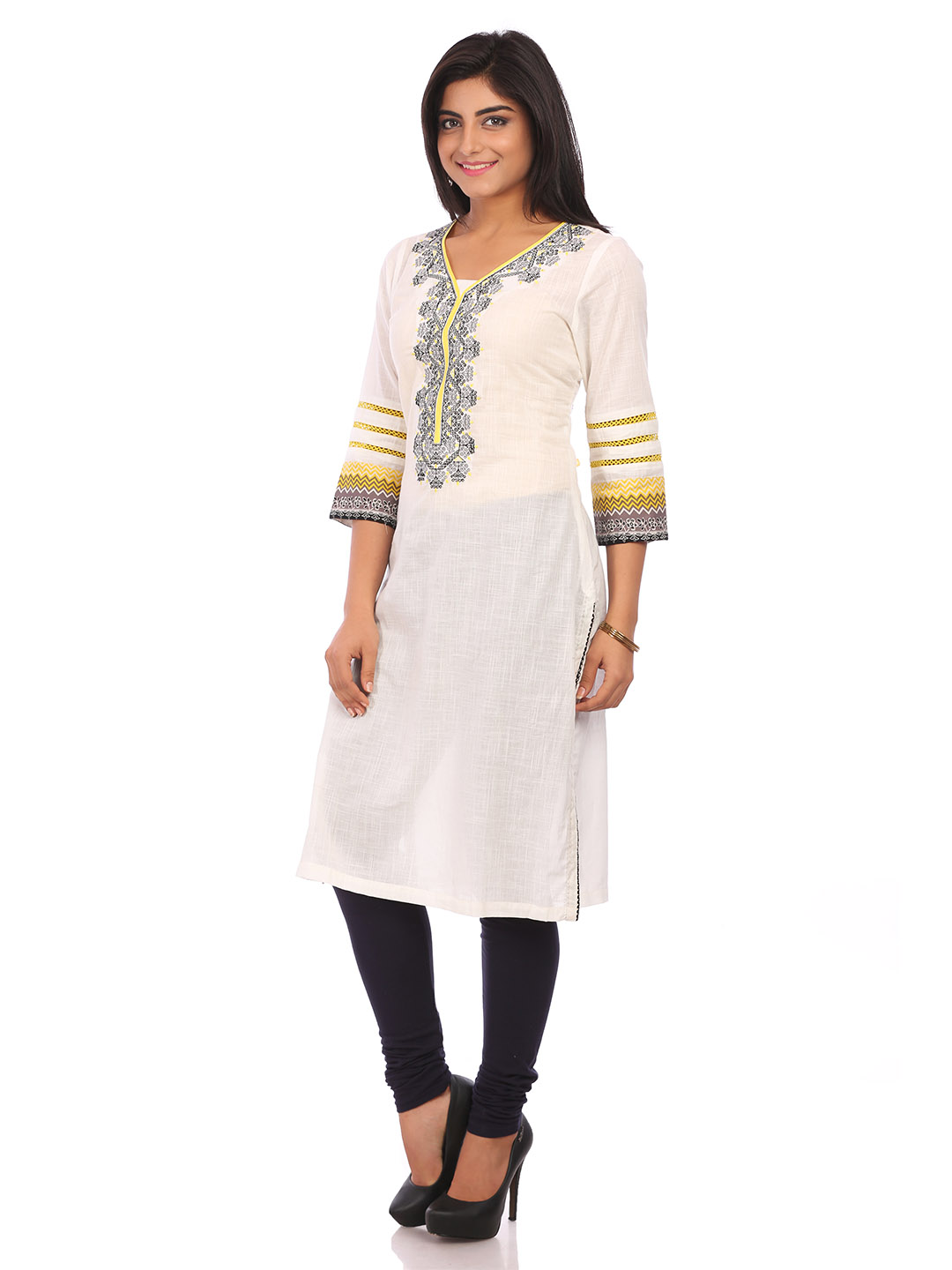 Off White Cotton Straight Kurta image number 3