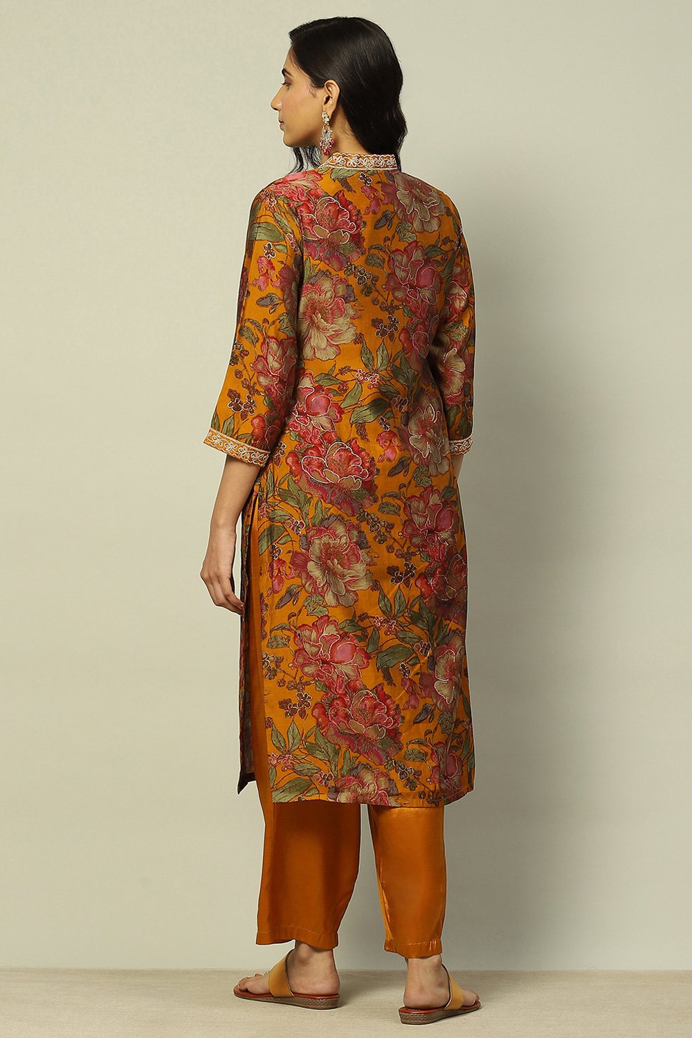 Mustard Viscose Blend Floral Printed Straight Suit Set image number 4