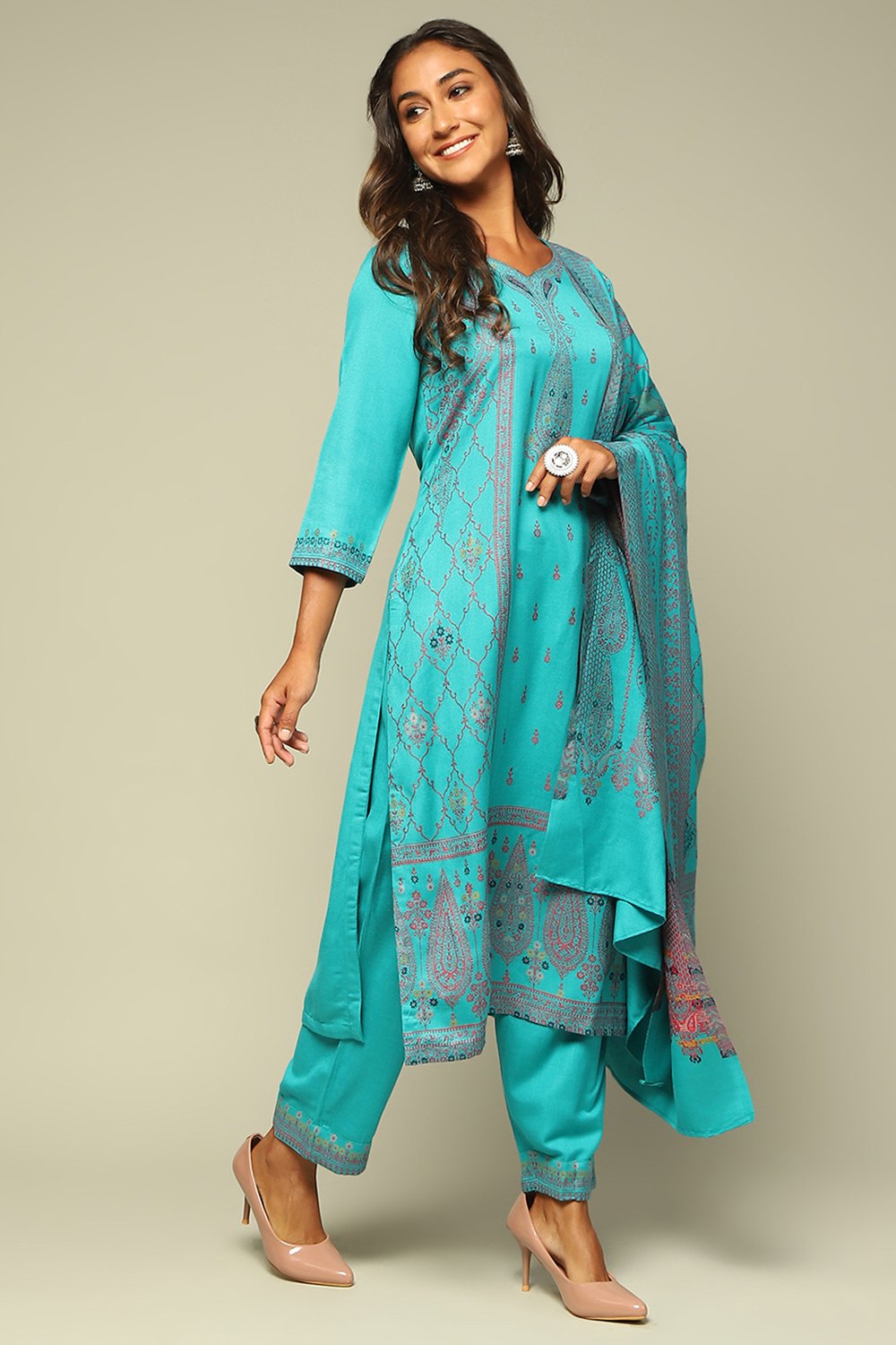 Aqua Blue Poly Acrylic Straight Yarn Dyed Kurta Palazzo Suit Set image number 5