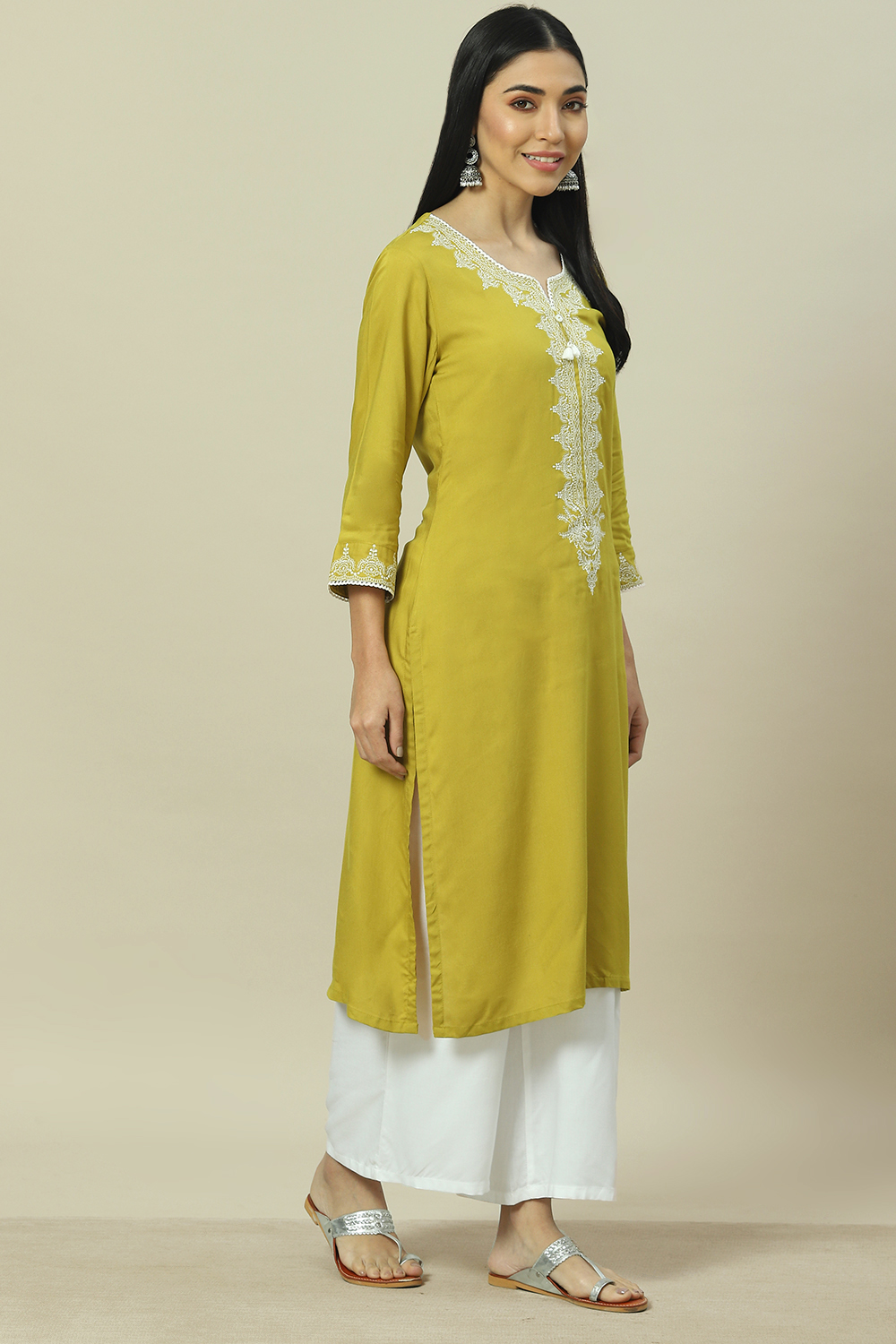 Lime Green LIVA Straight Kurta image number 3