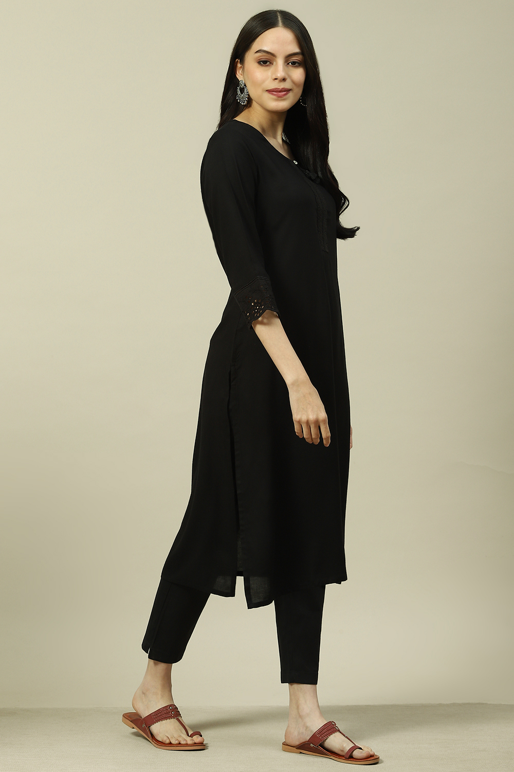 Black LIVA Straight Kurta image number 3