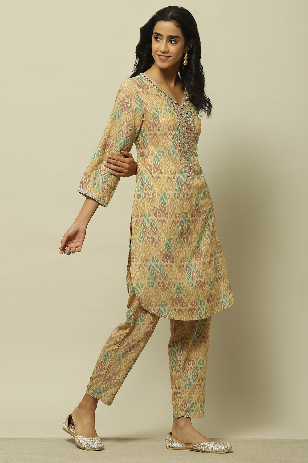 Beige Viscose Blend Printed Straight Co-ord Set image number 5