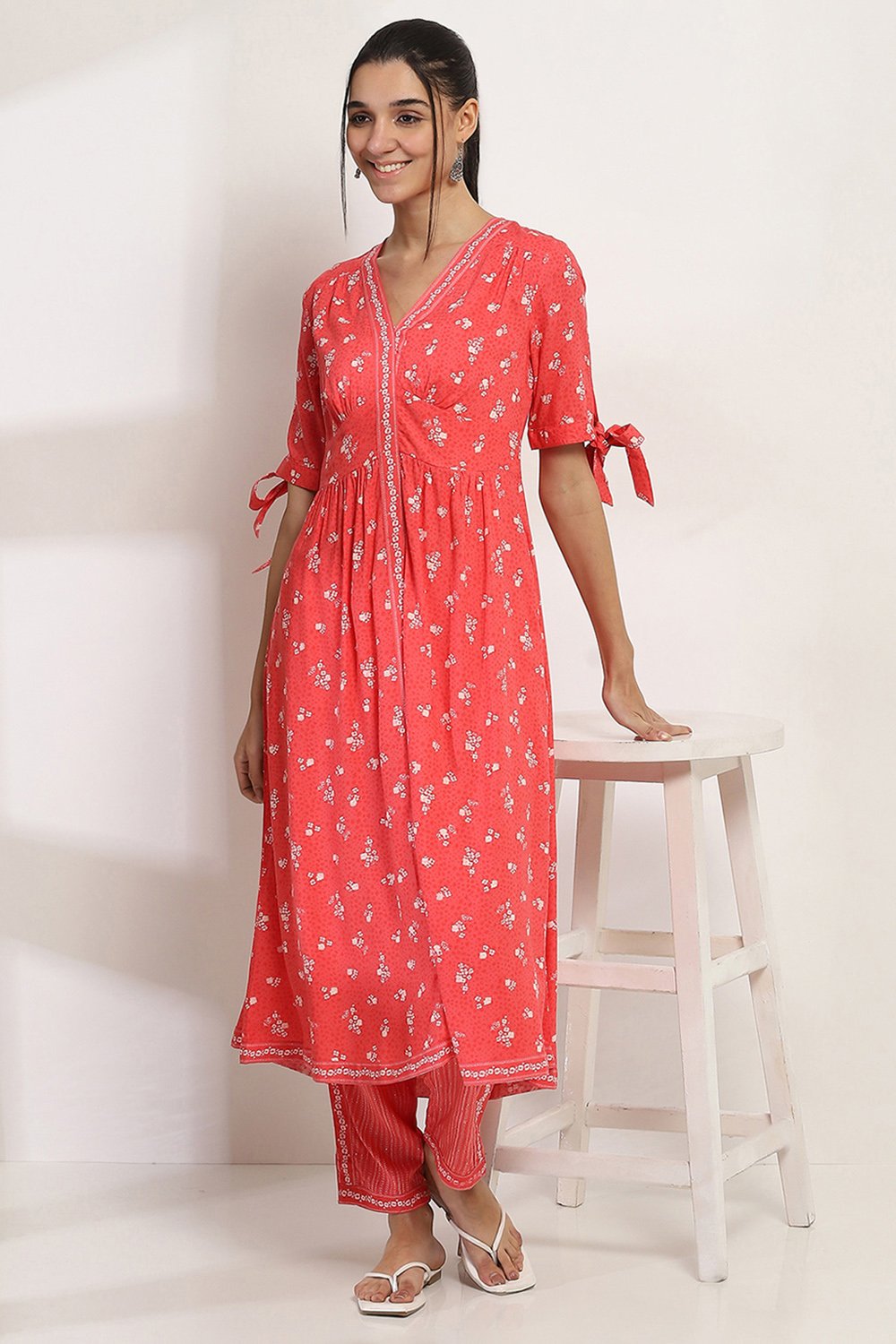 Coral Viscose Rayon Flared Dress image number 0