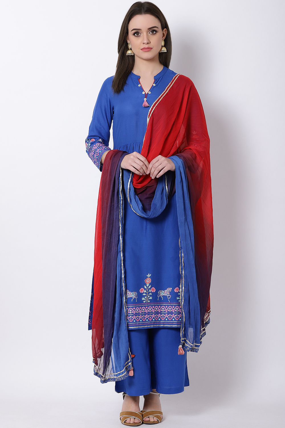 Blue and Red Art Silk Dupatta image number 0