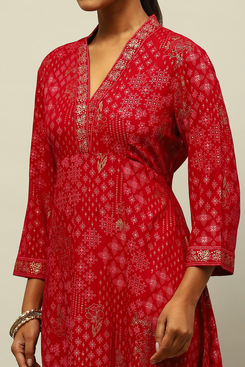 Red Rayon Printed A-line Kurta image number 1