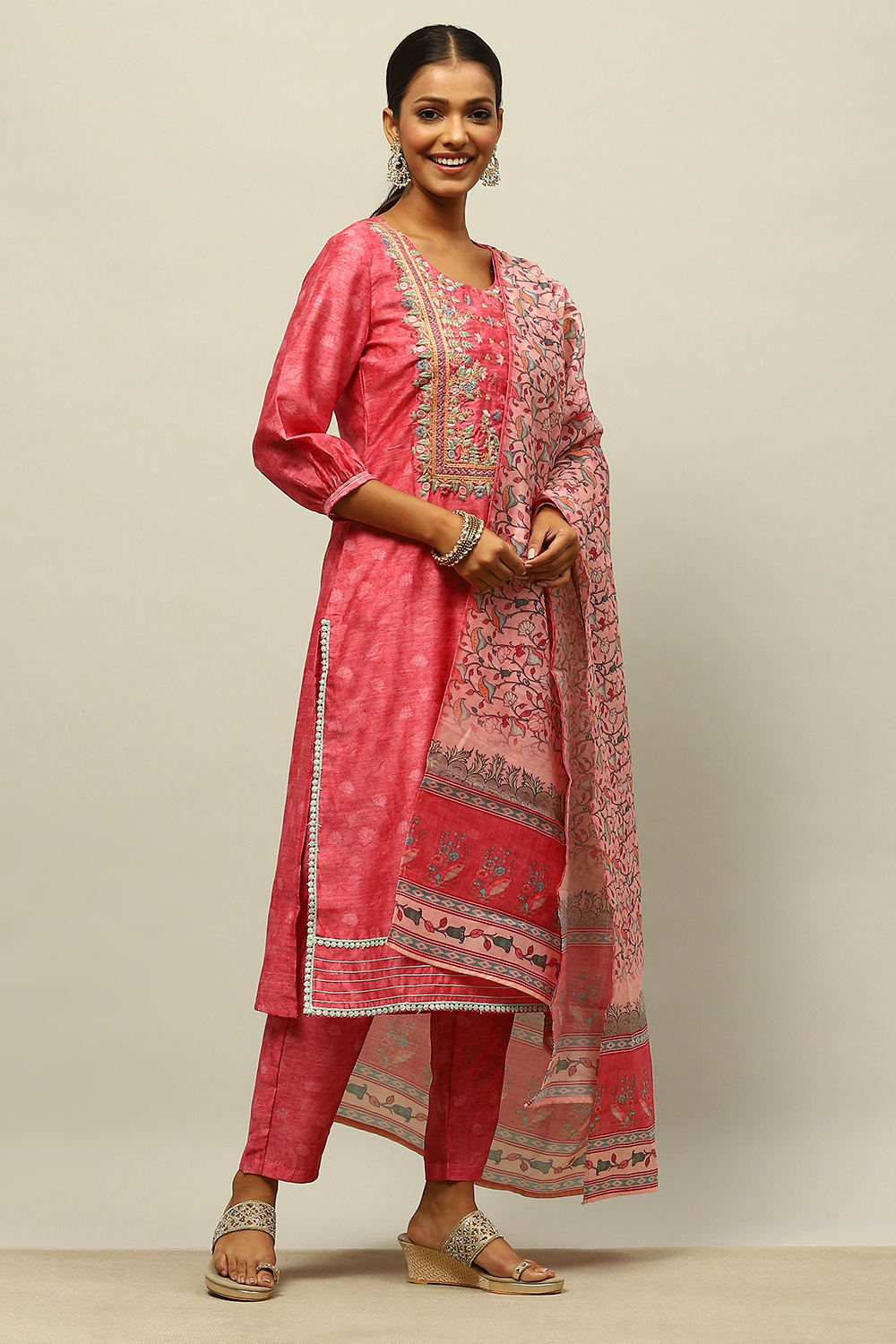 Pink Poly Chanderi Straight Printed Kurta Slim Pants Suit Set image number 5