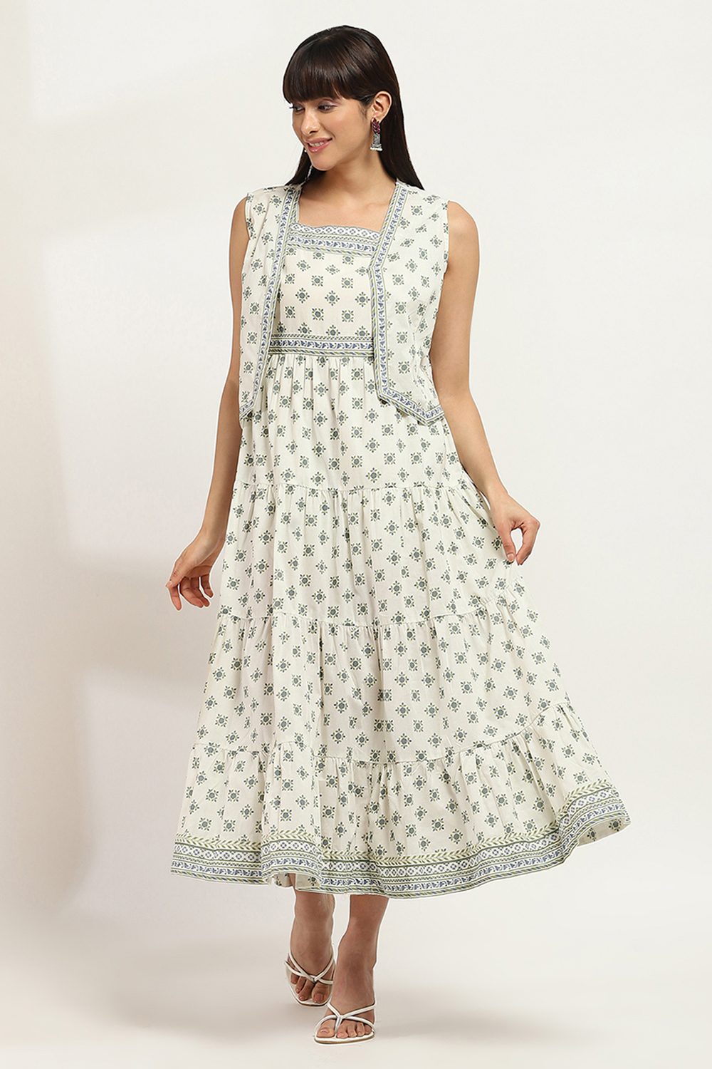 Off White Cotton Tiered Dress image number 0