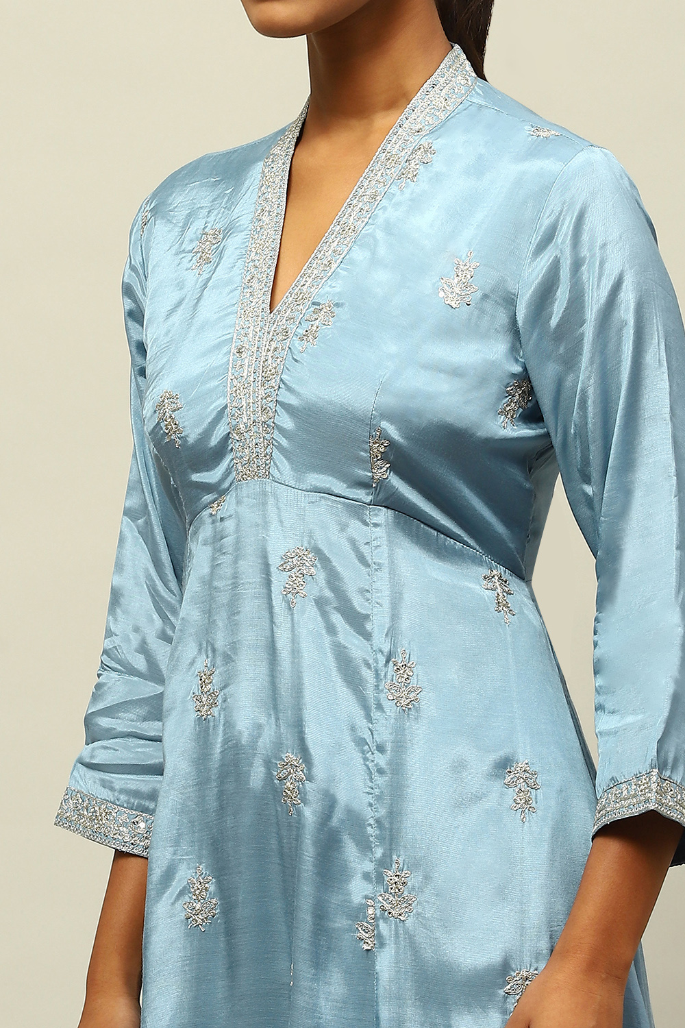 Dusty Blue Viscose Shantoon Kalidar Embroidered Kurta Palazzo Suit Set image number 1