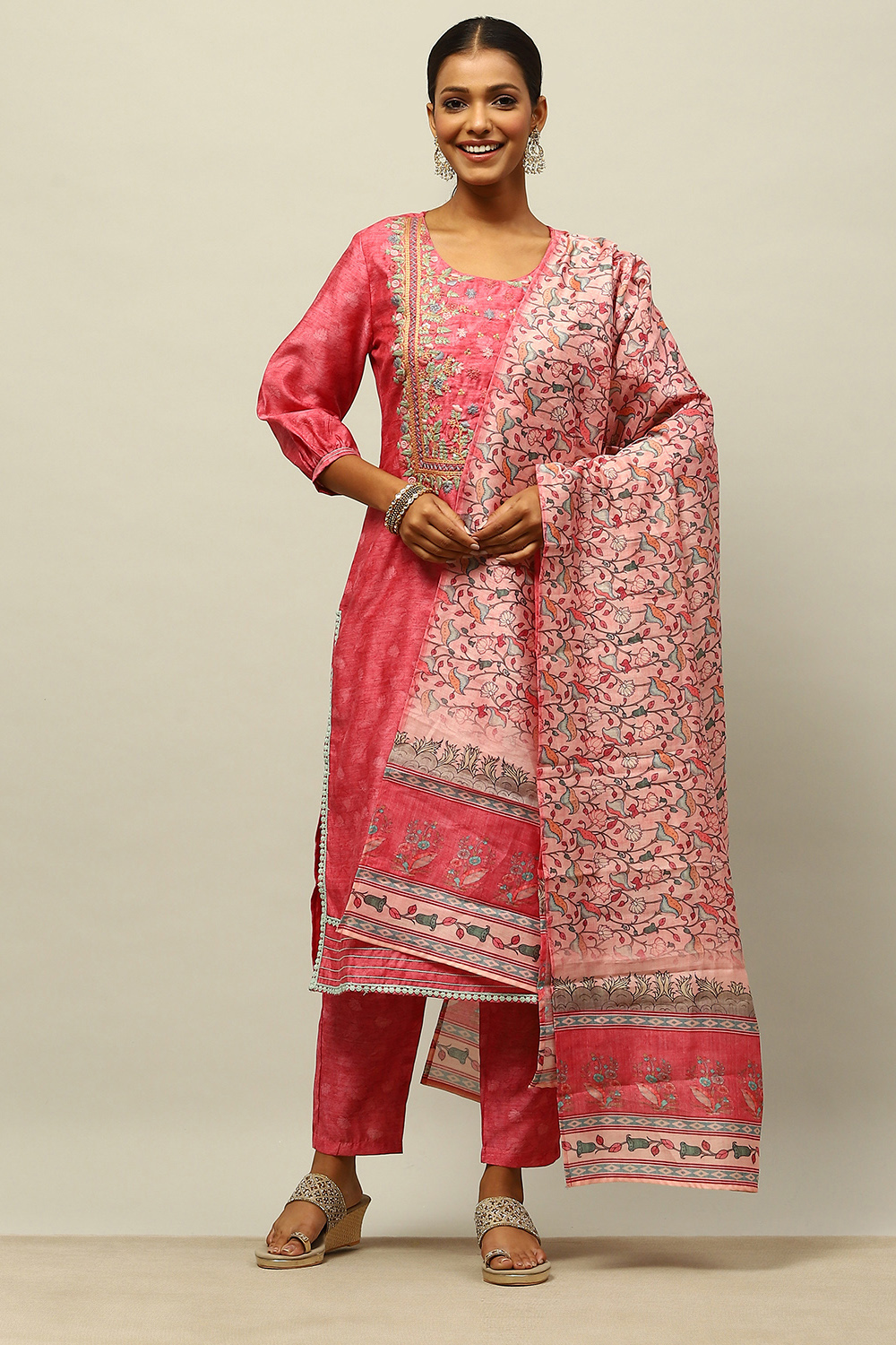 Pink Poly Chanderi Straight Printed Kurta Slim Pants Suit Set image number 0