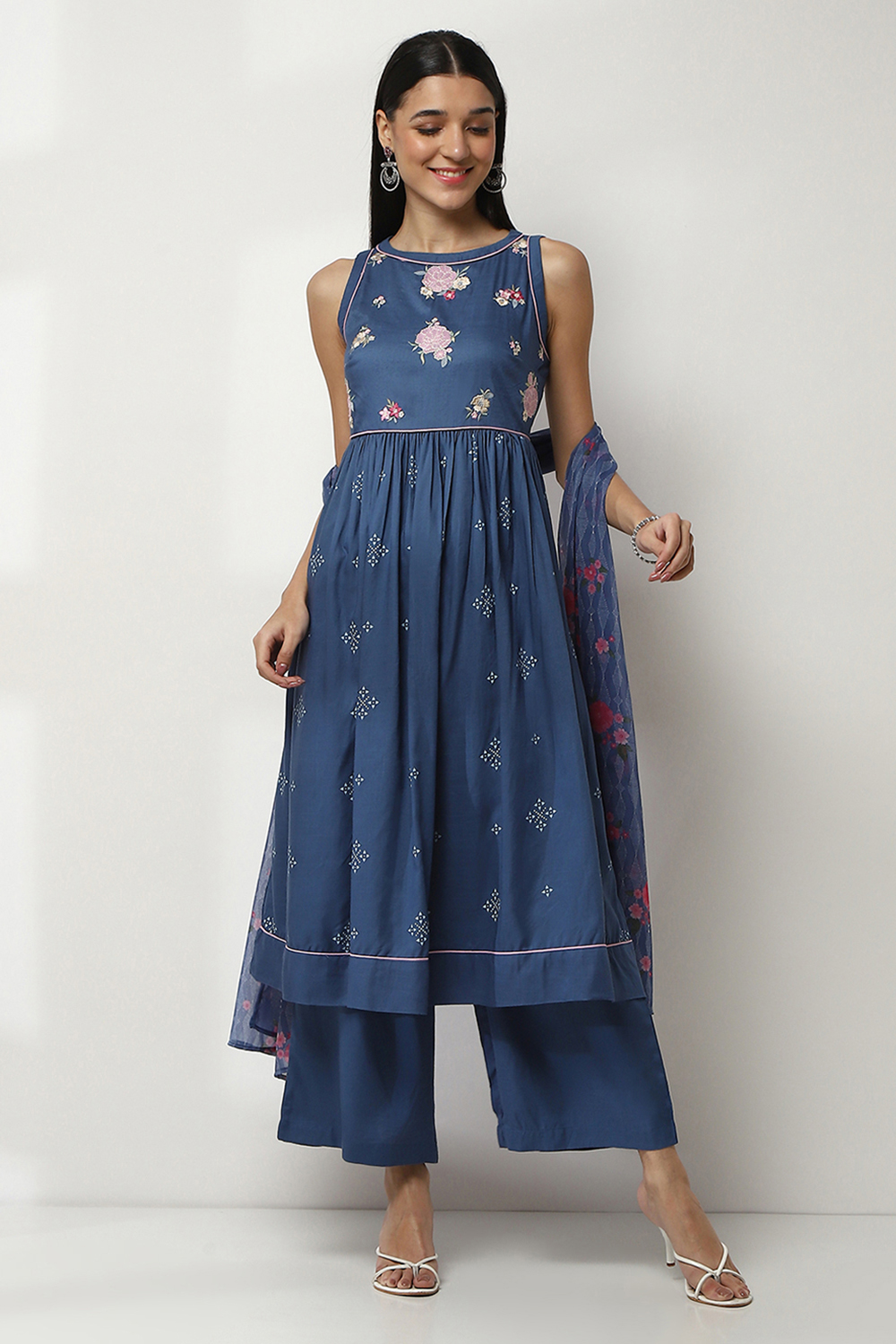 Indigo Blue Floral Anarkali Suit Set image number 6