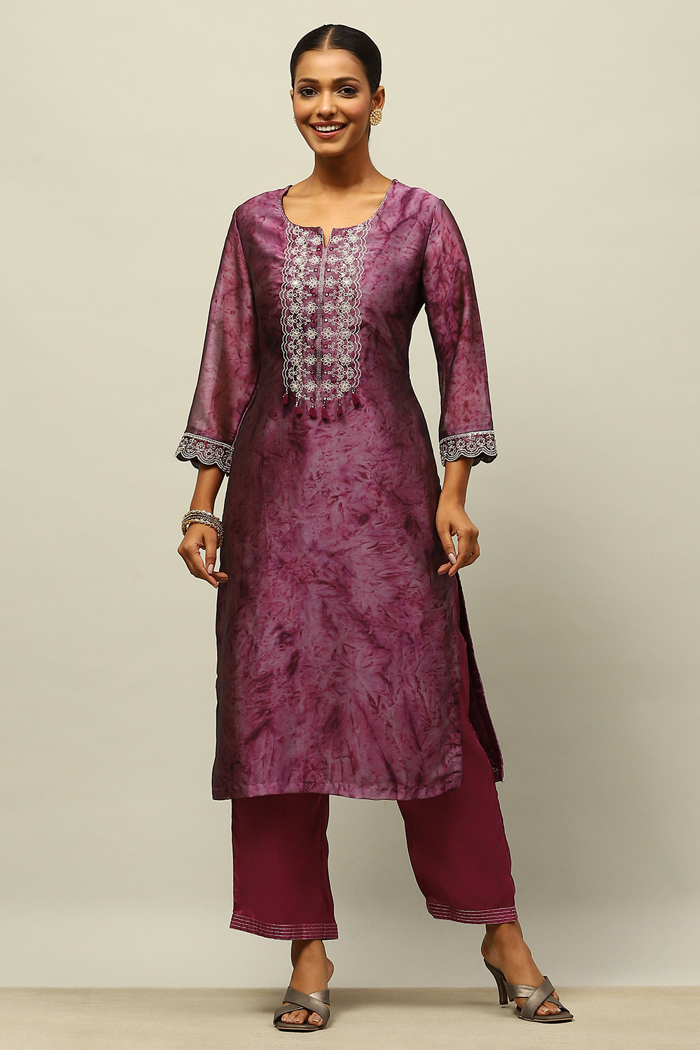 Purple Poly Georgette Straight Printed Kurta Palazzo Suit Set image number 0