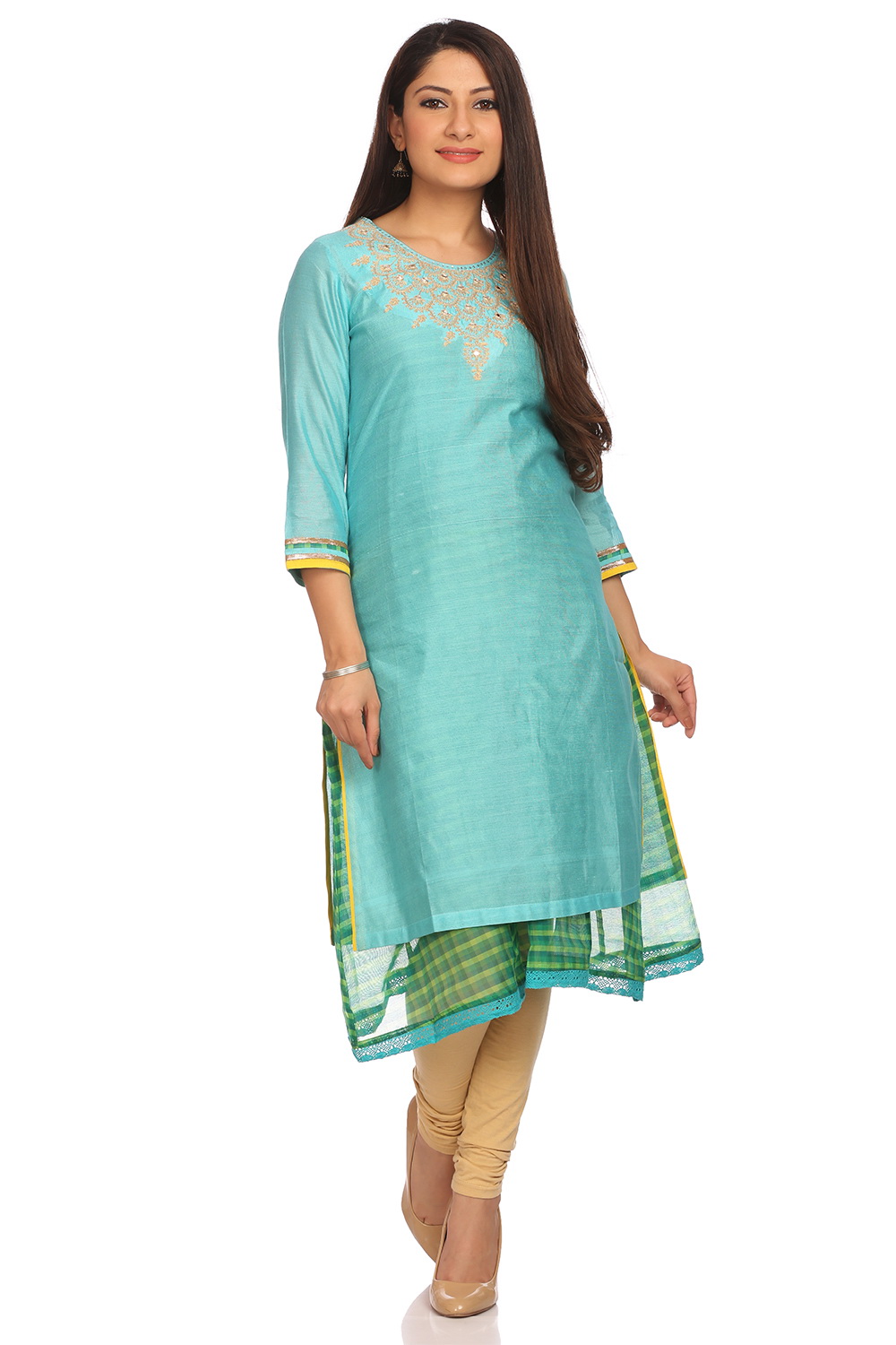 Turquoise Cotton Straight Kurta image number 0