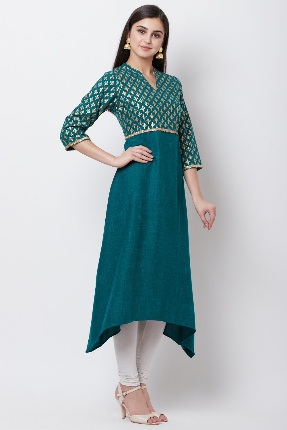 Green Poly Cotton A Line Kurta image number 3