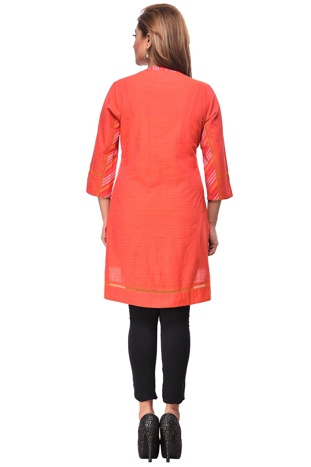 Orange Straight Cotton Kurta image number 3