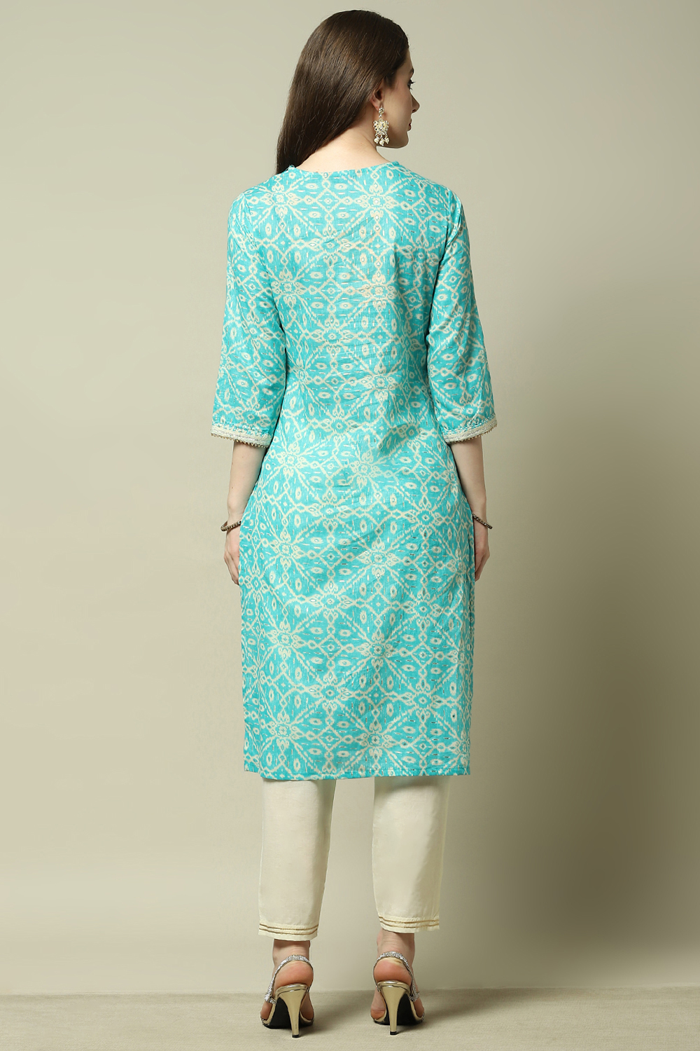 Turquoise Cotton Blend Printed Kurta & Pants Suit Set image number 5