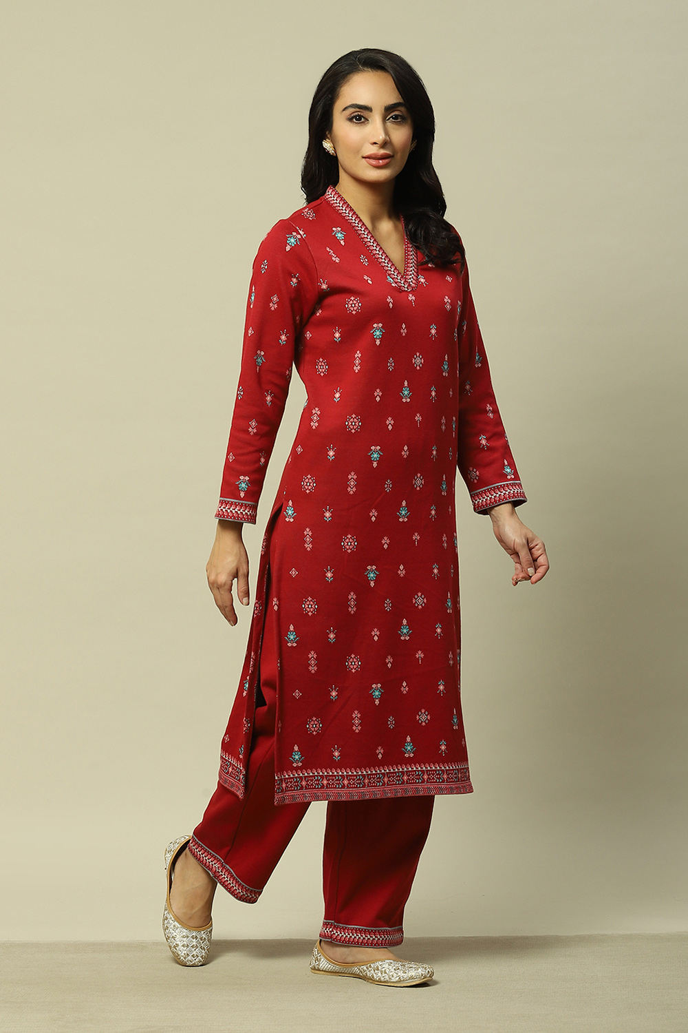 Deep Red Jacquard Straight Printed Kurta Palazzo Suit Set image number 5