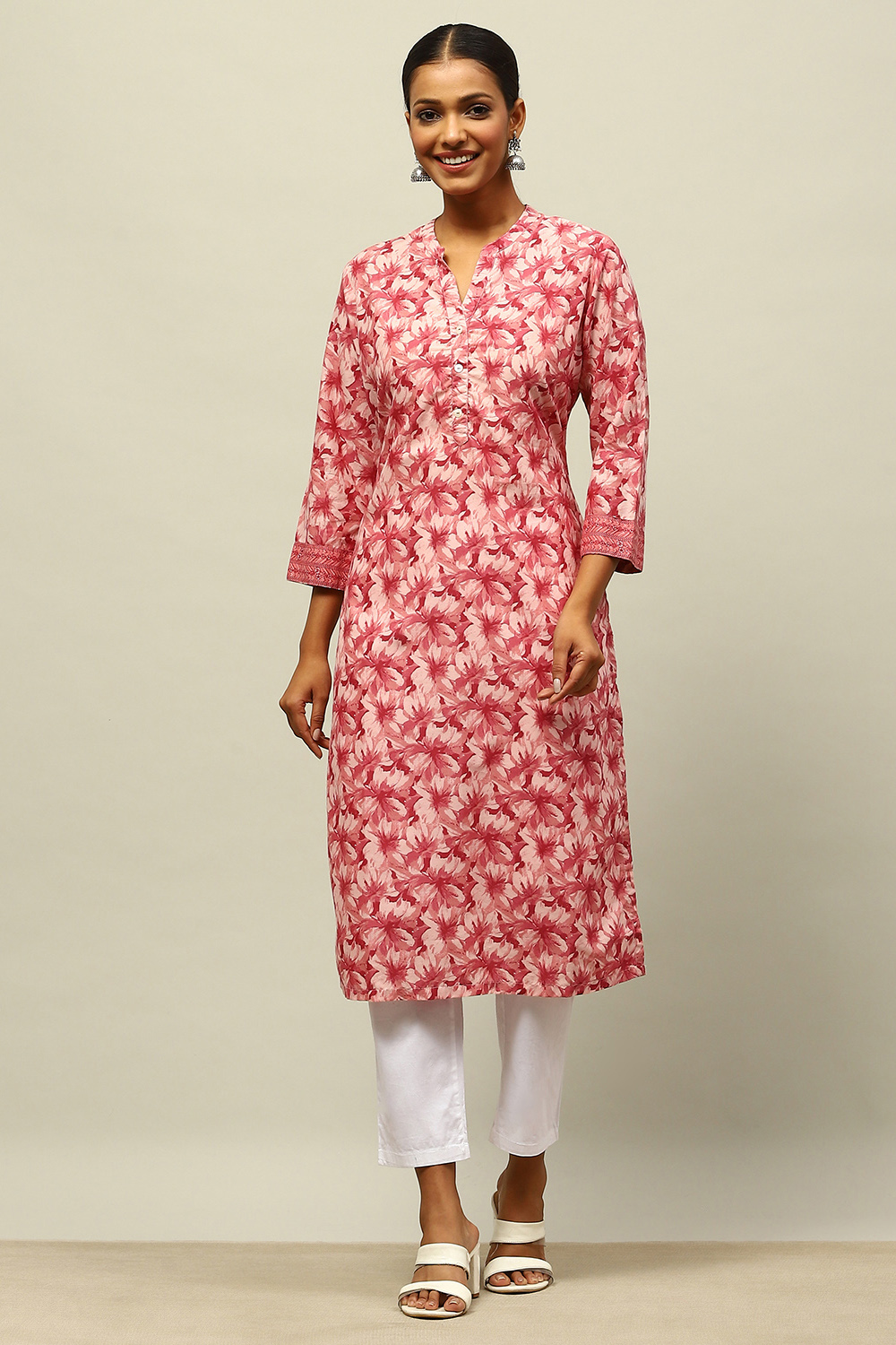 Red Cotton Printed Straight Kurta image number 0