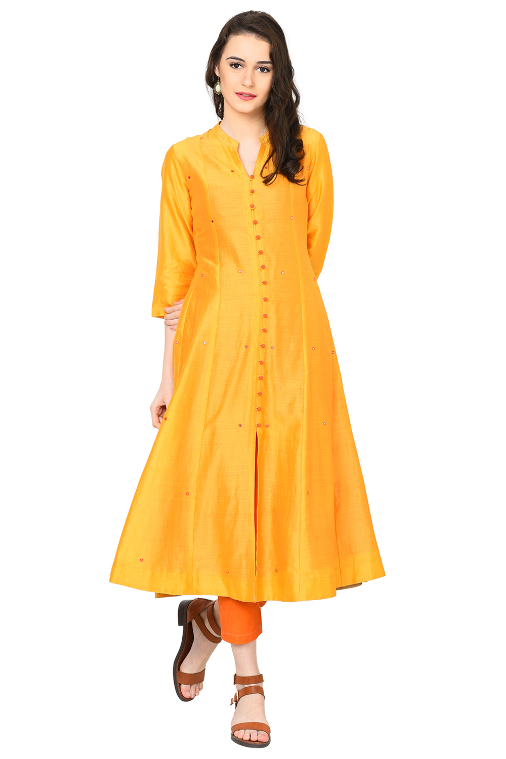 Yellow Kalidar Polyester Kurta image number 0