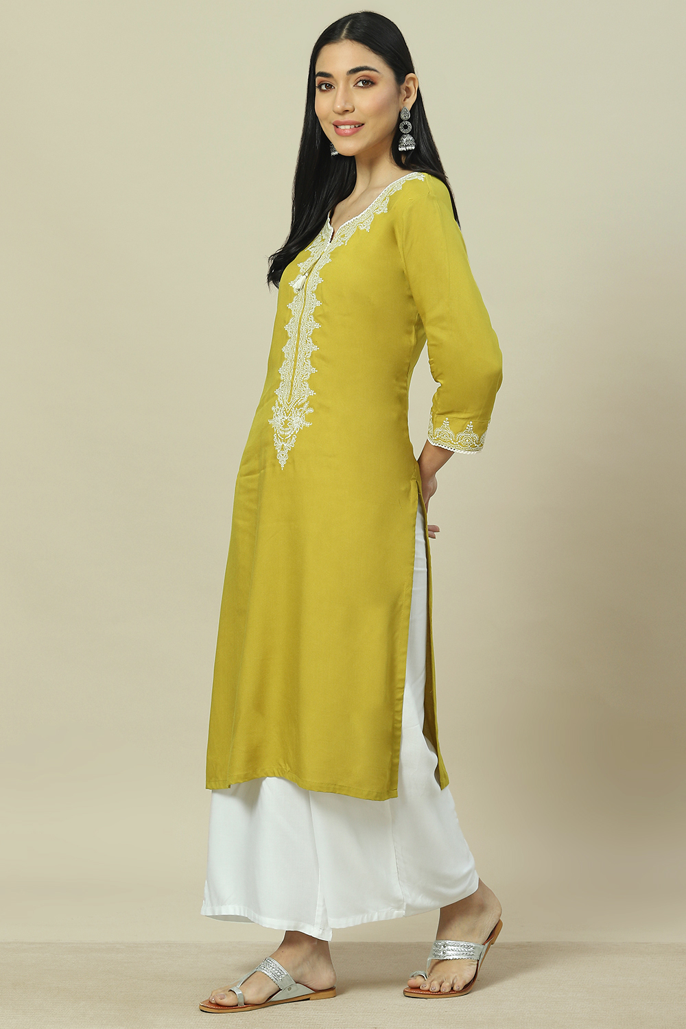 Lime Green LIVA Straight Kurta image number 2