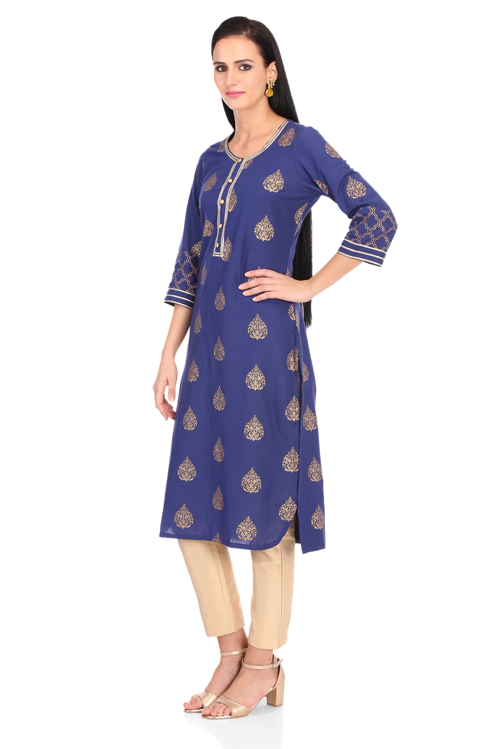 Blue Straight Cambric Cotton Kurta image number 3