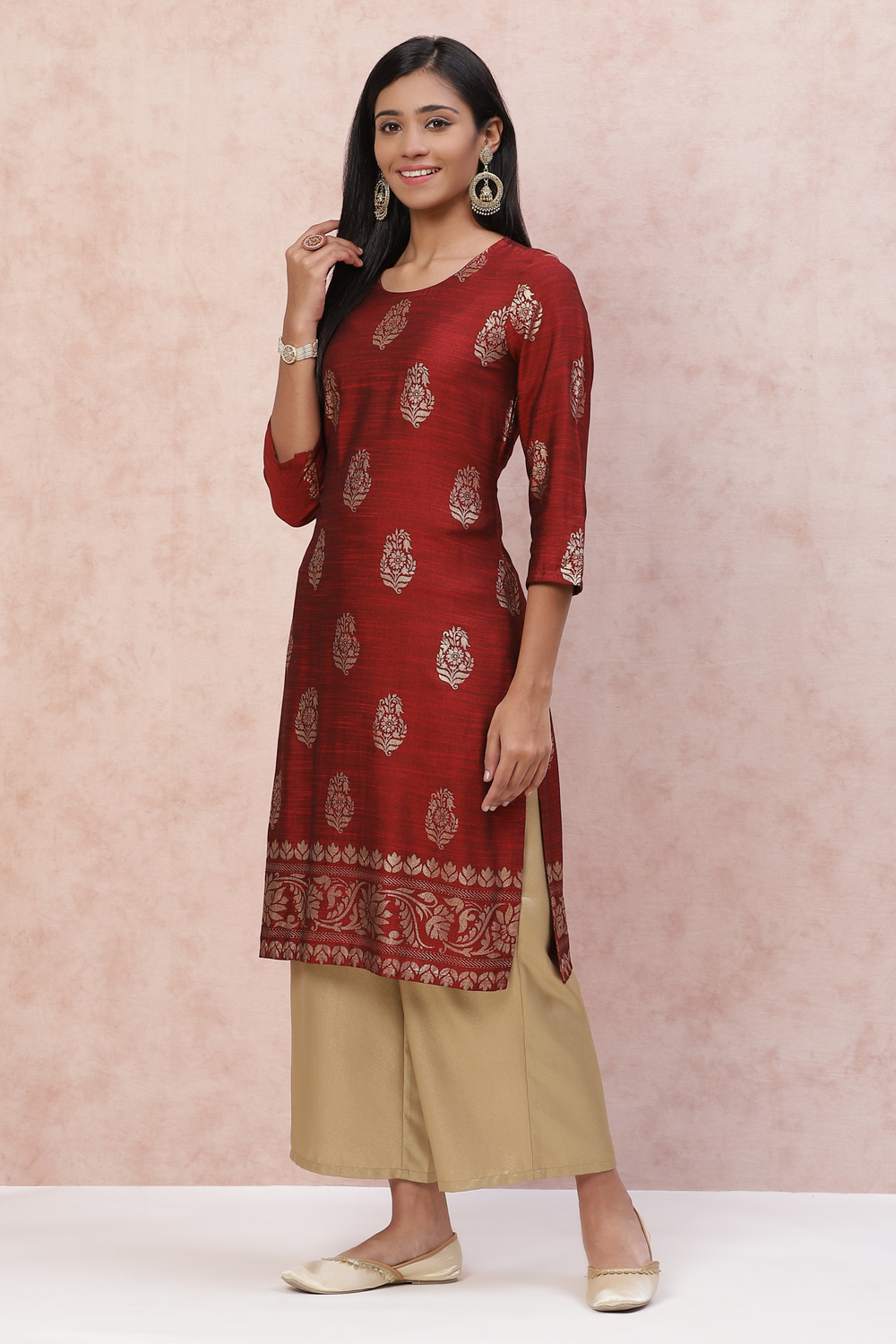 Maroon LIVA Straight Kurta image number 0