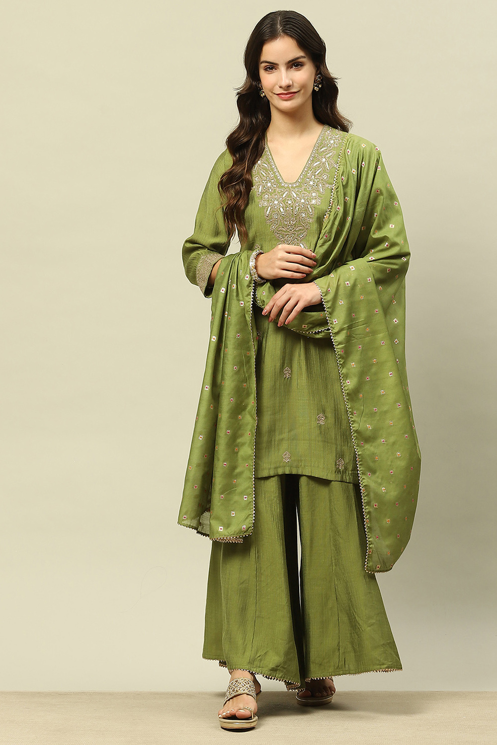 Golden-Olive Viscose Blend Straight Embroidered Kurta Sharara Suit Set image number 0