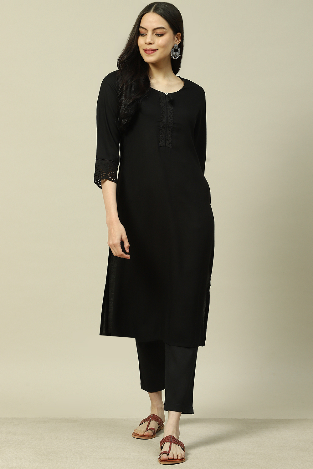 Black LIVA Straight Kurta image number 0