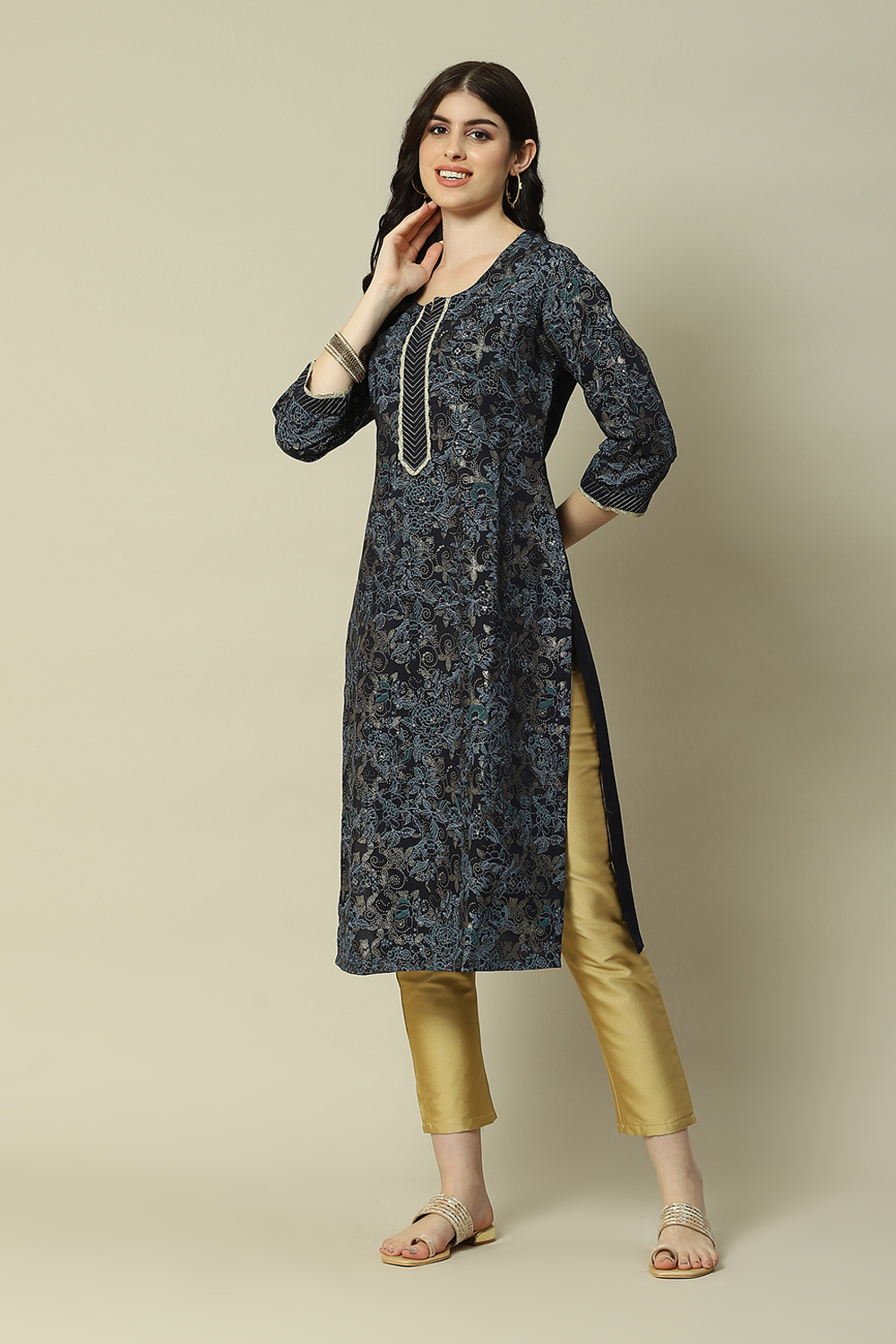 Blue LIVA Straight Printed Kurta image number 2