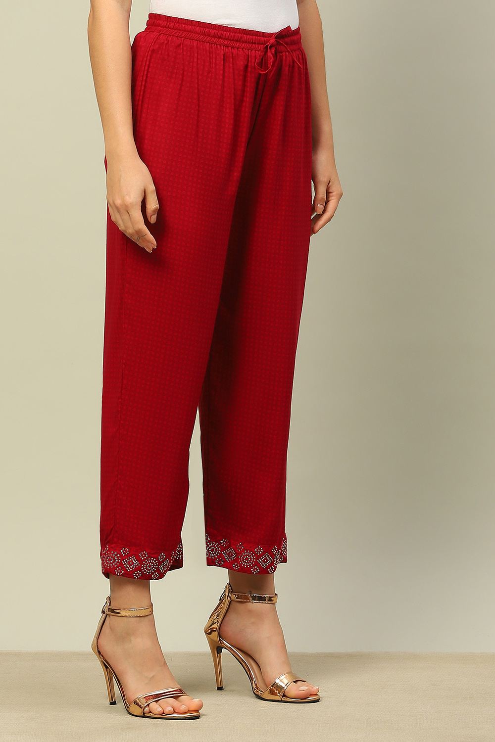 Red Rayon Slub Straight Palazzos image number 3