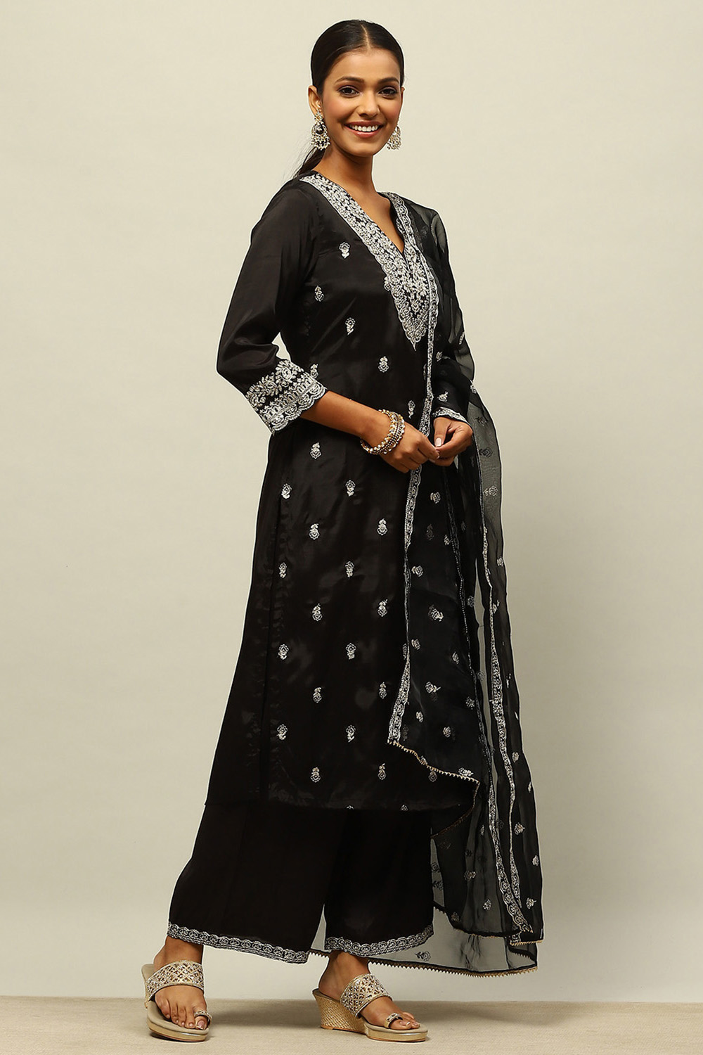 Black Viscose Shantoon Straight Embroidered Kurta Palazzo Suit Set image number 5