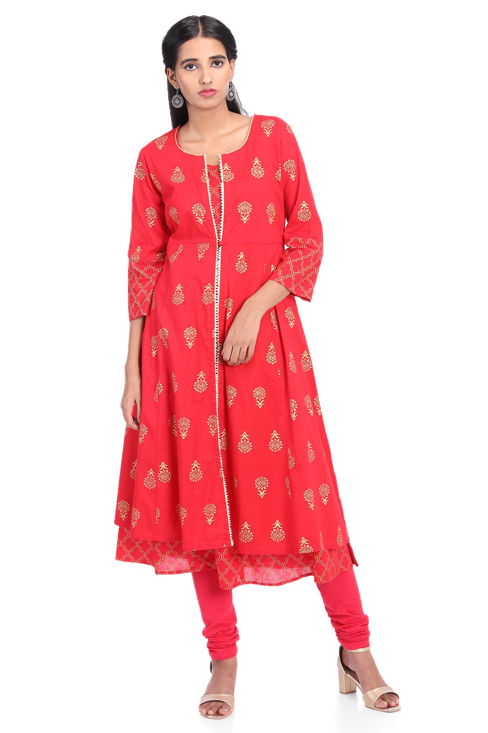 Red Front Open Cambric Cotton Kurta image number 4
