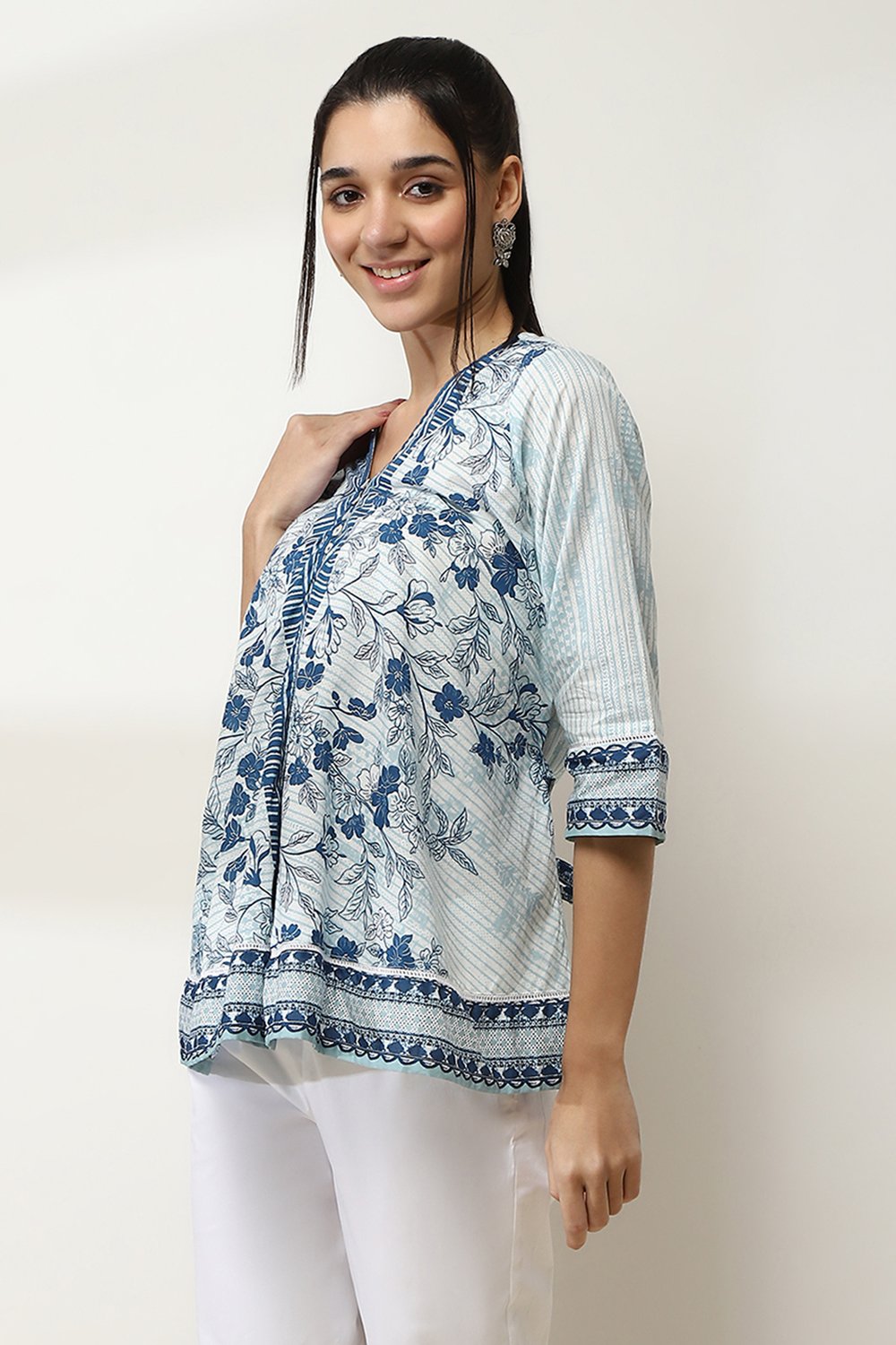 Blue Cotton Floral Printed Flared Top image number 2