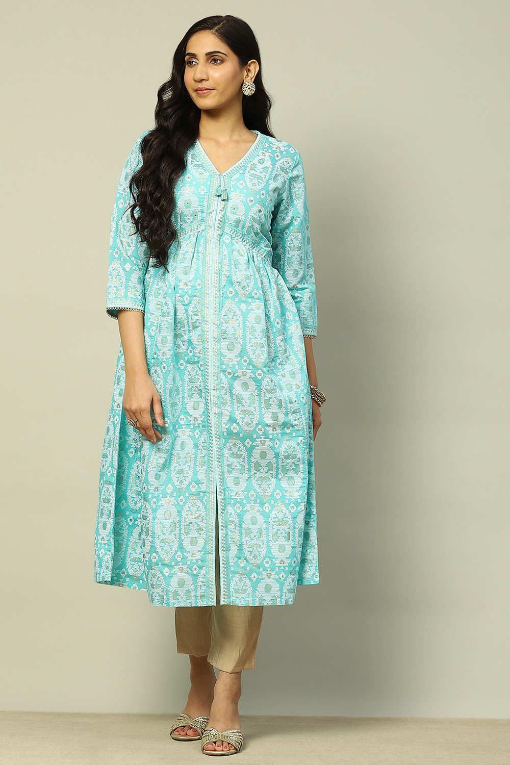 Aqua Blue Viscose Printed Gathered A-Line Kurta image number 5