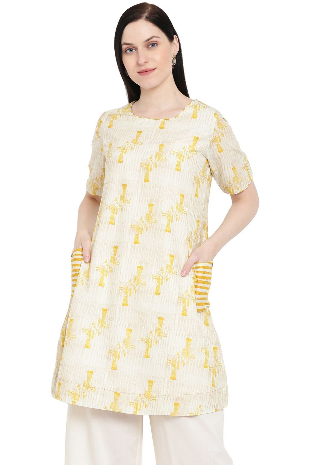 Beige Cotton A-Line Kurta image number 5