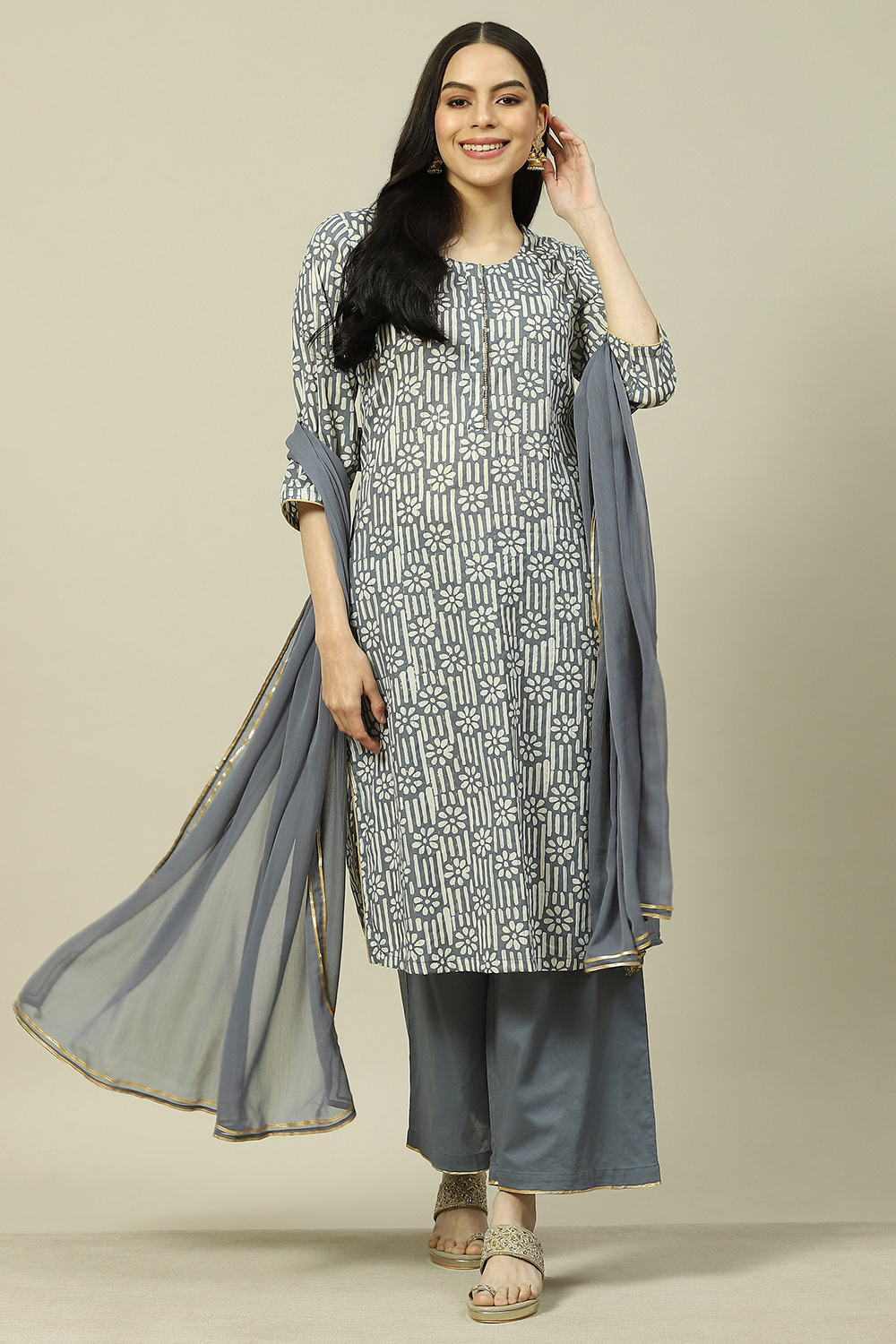 Grey Cotton Blend Woven Straight Kurta Suit Set image number 7