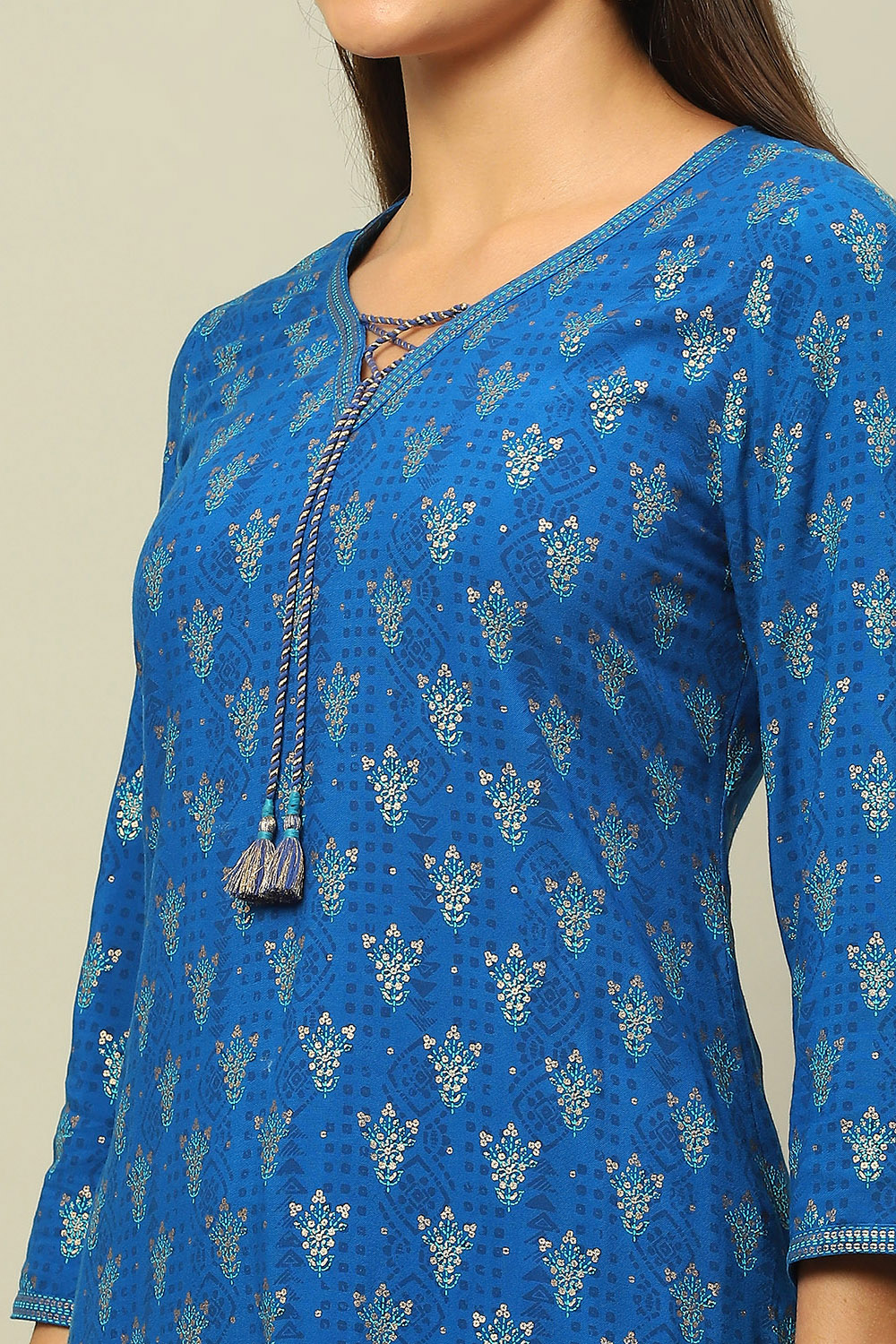 Blue Rayon Straight Printed Kurta Salwar Pants Suit Set image number 1