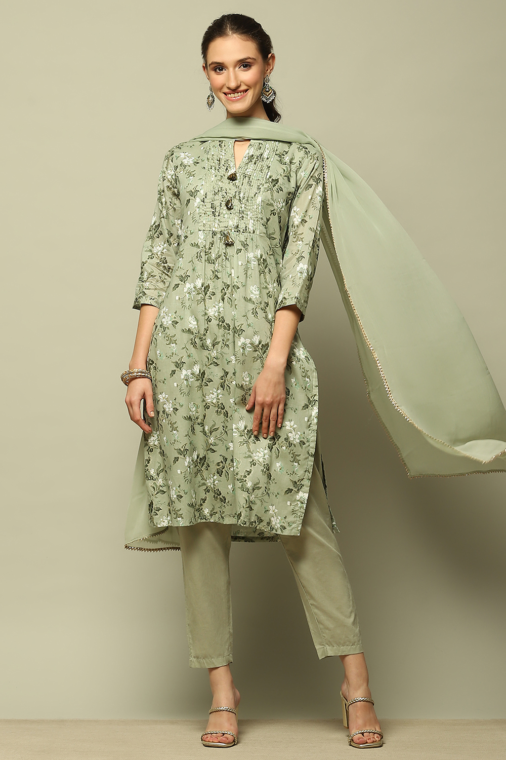 Sage Green Cotton Straight Printed Kurta Pants Suit Set image number 0