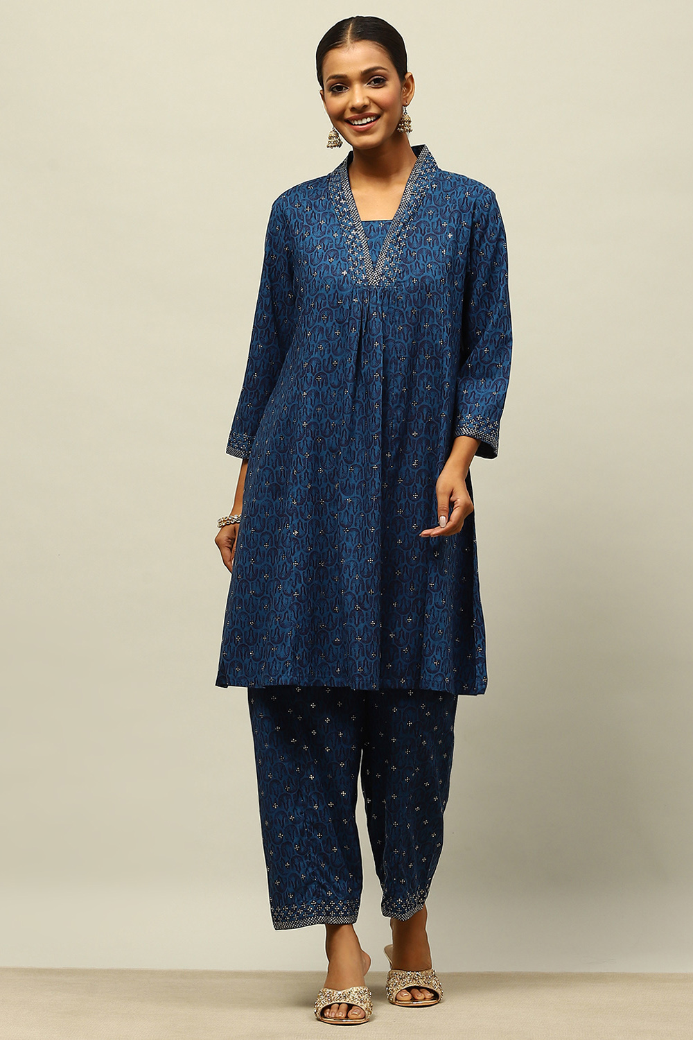 Blue Rayon Kalidar Printed Kurta Palazzo Suit Set image number 0