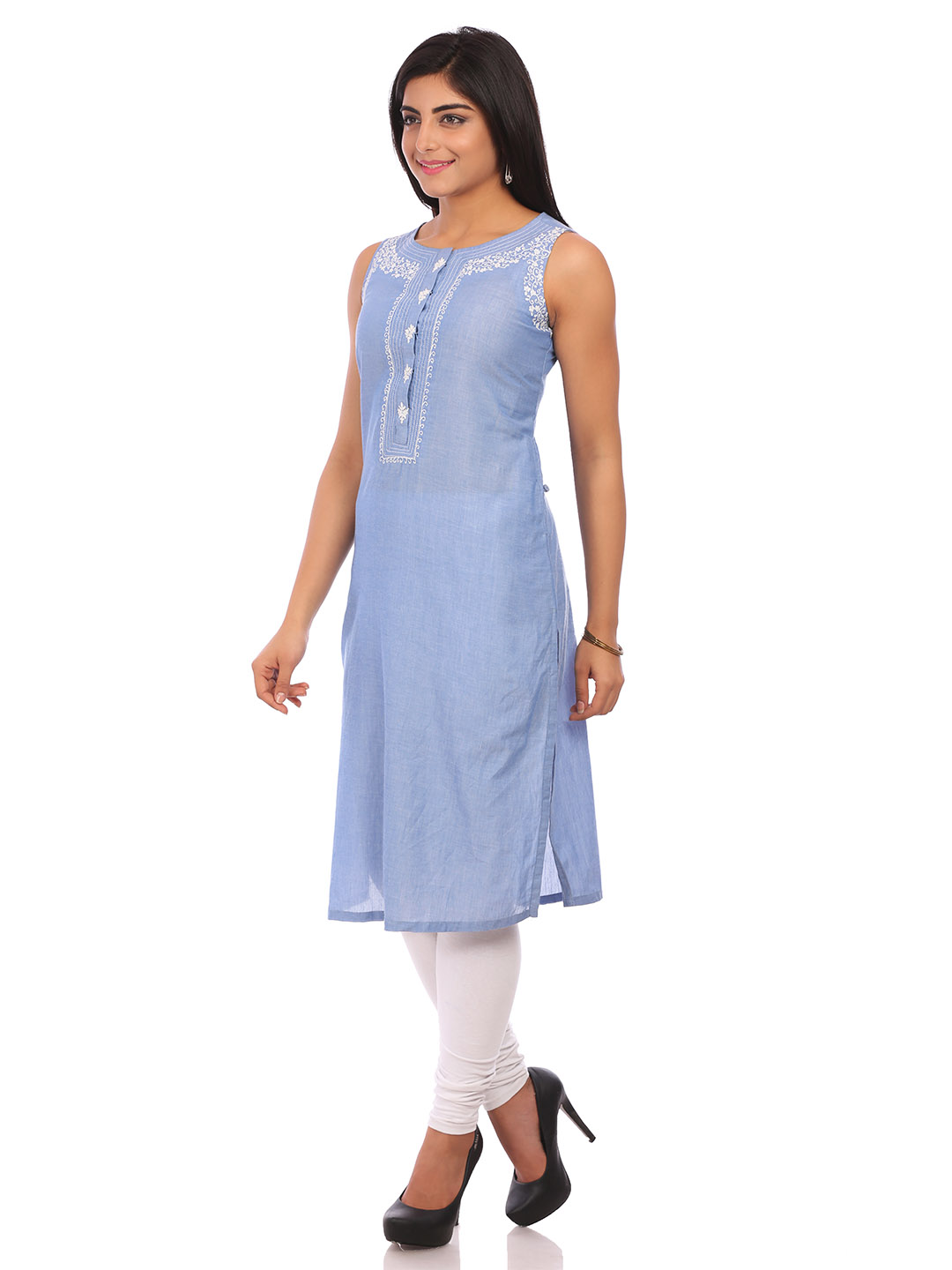 Blue Cotton Straight Kurta image number 3