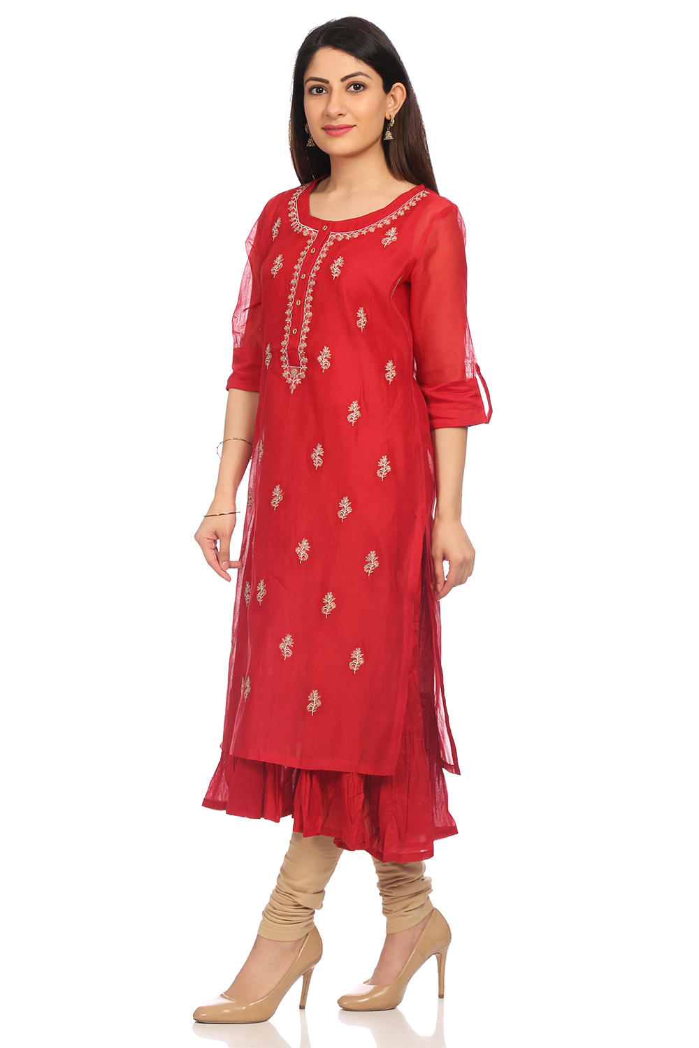 Red Straight Poly Cotton Kurta image number 3