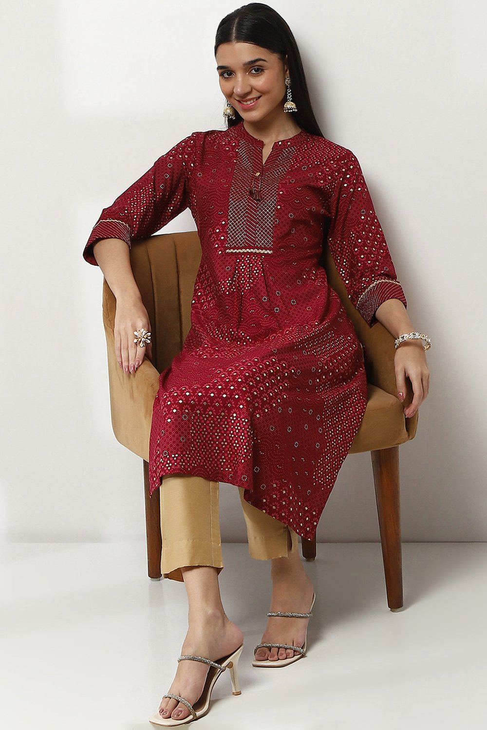 Red Viscose Printed Straight Kurta image number 0