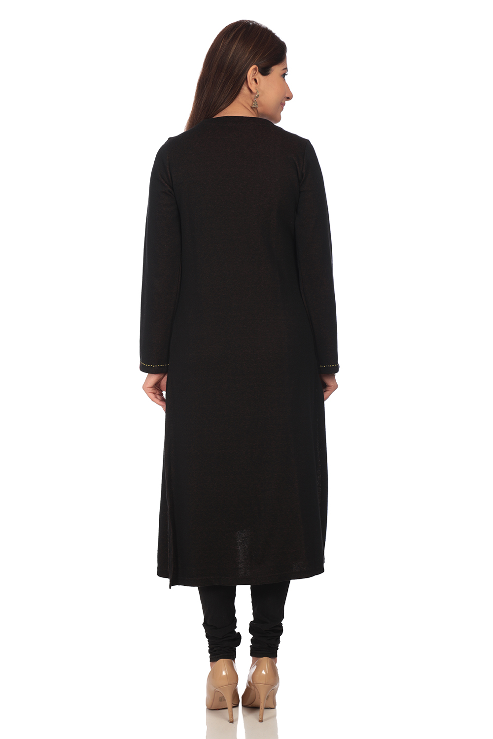 Black Front Open Poly Cotton Kurta image number 5