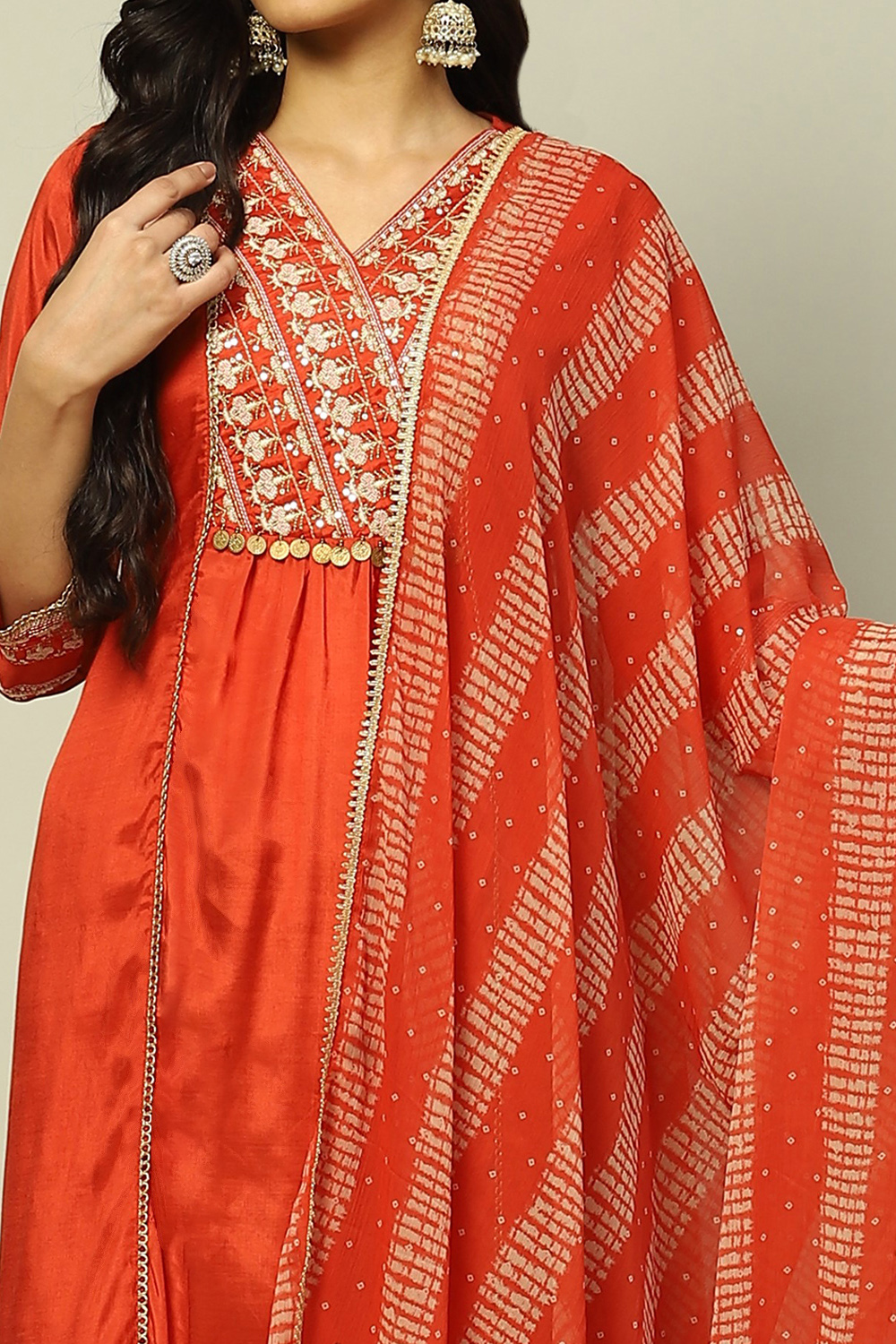 Rust Poly Chiffon Printed Festive Dupatta image number 1