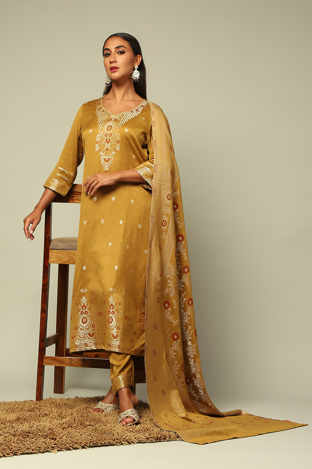 Mustard Acrylic Straight Yarn Dyed Kurta Palazzo Suit Set image number 7