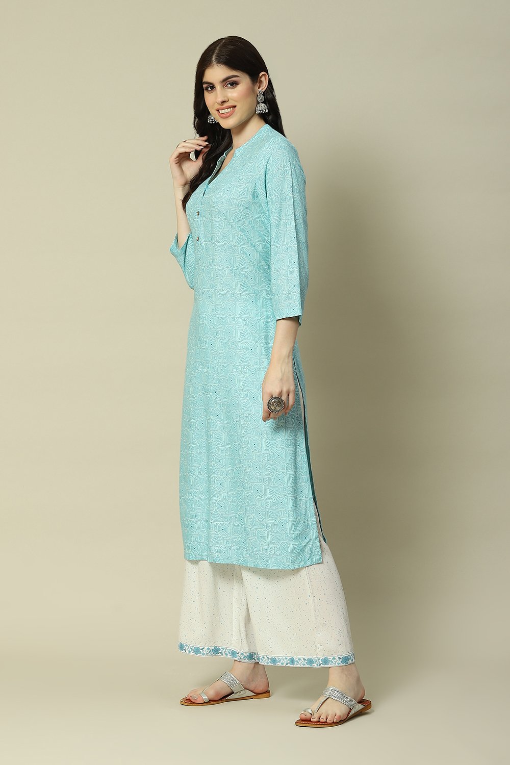 Sky Blue LIVA Straight Printed Kurta image number 3