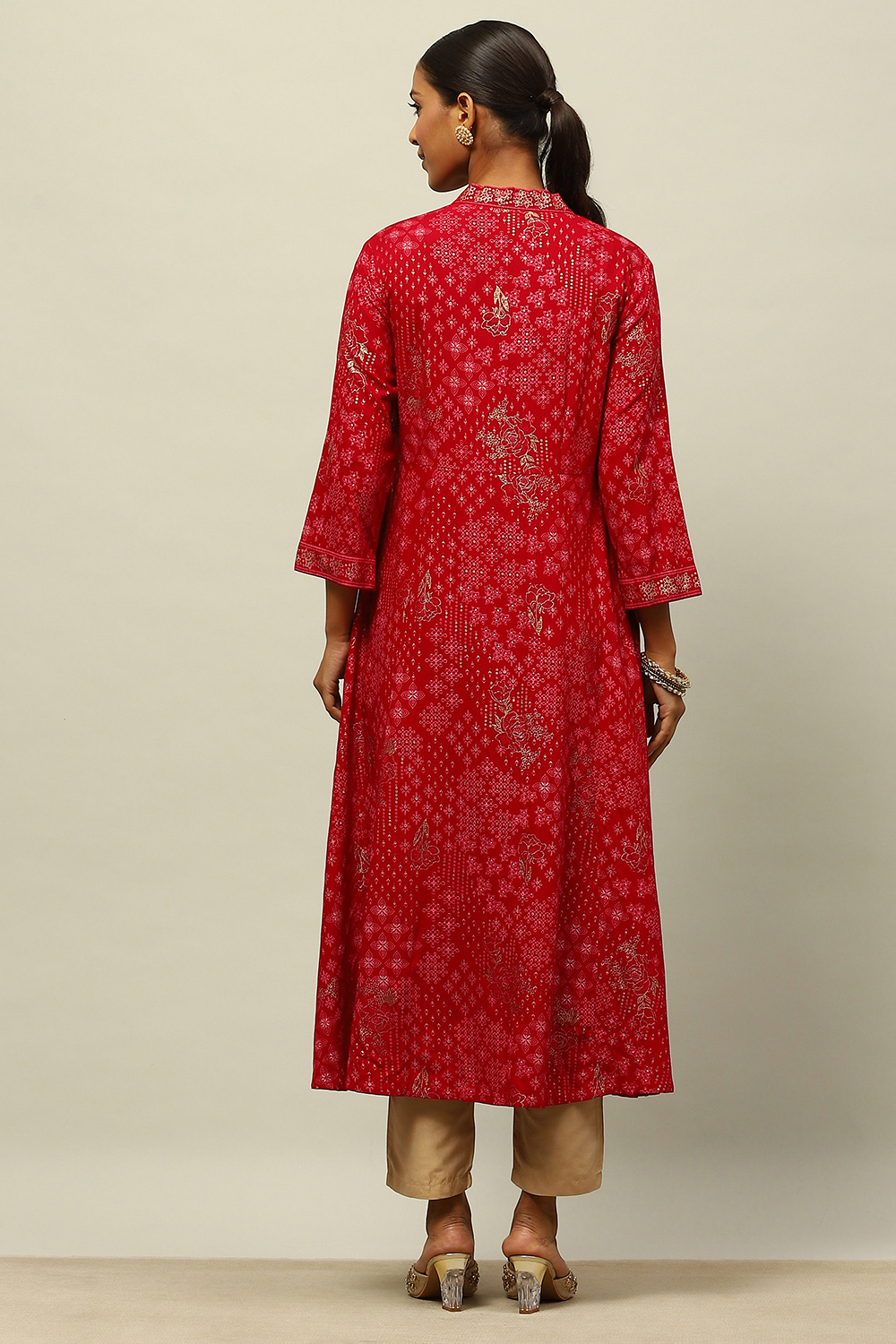 Red Rayon Printed A-line Kurta image number 3