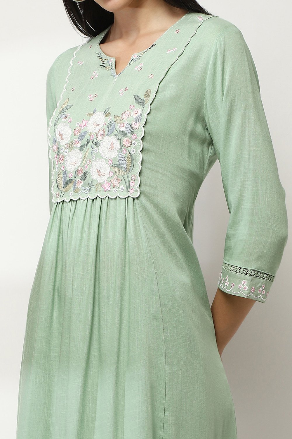 Sage Green Embroidered Flared Kurta image number 1