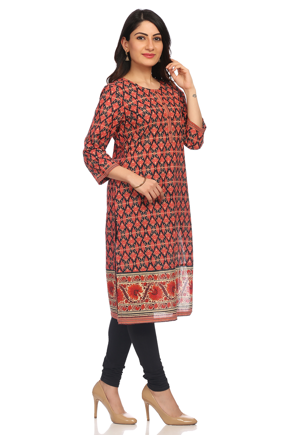 Red Straight Cambric Cotton Kurta image number 3