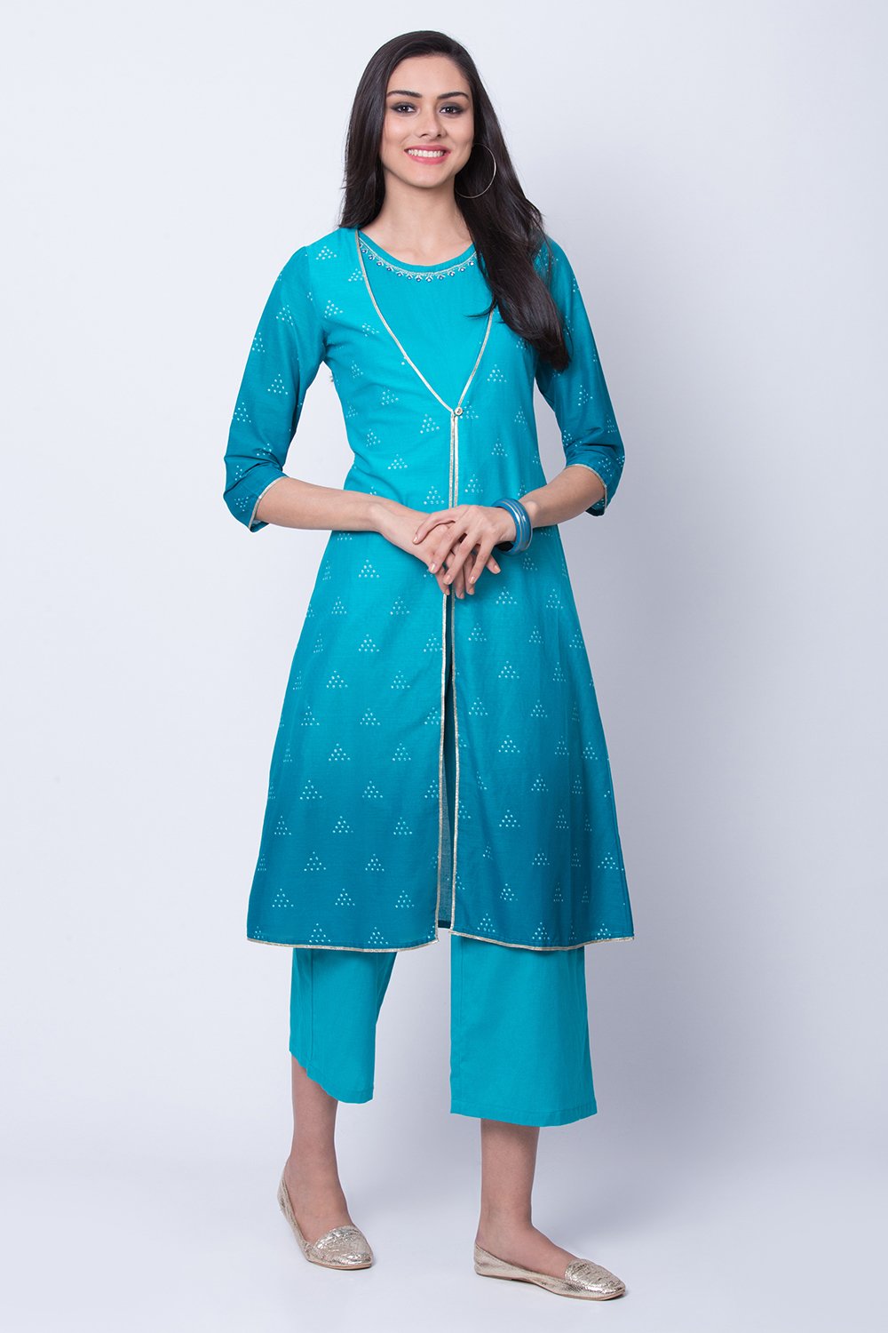 Turquoise Cotton And Flex Straight Dress image number 4